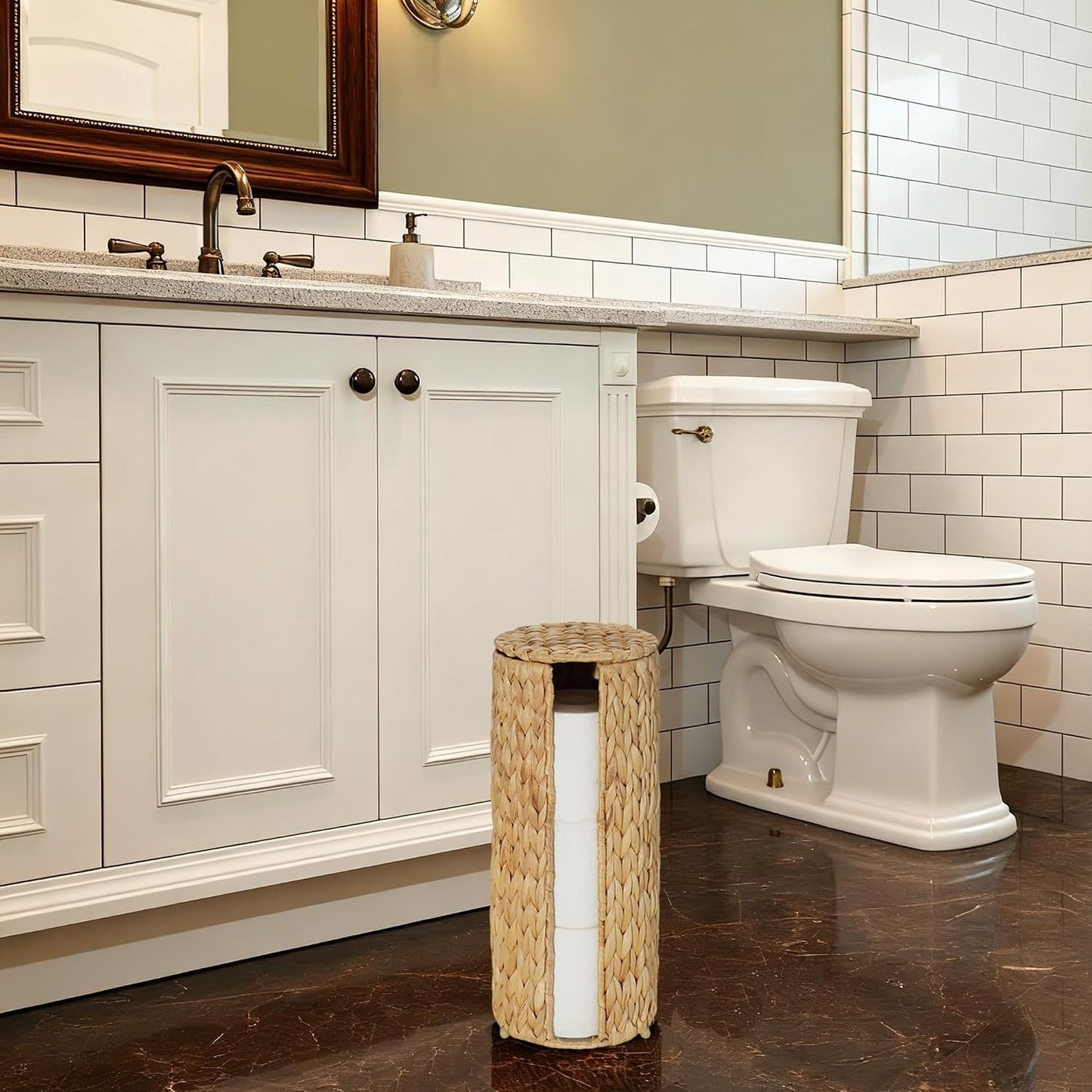 PINXIURY Water Hyacinth Paper Roll Holder, Wicker Toilet Paper Holder Stand for Bathroom, 3 Rolls of Toilet Paper