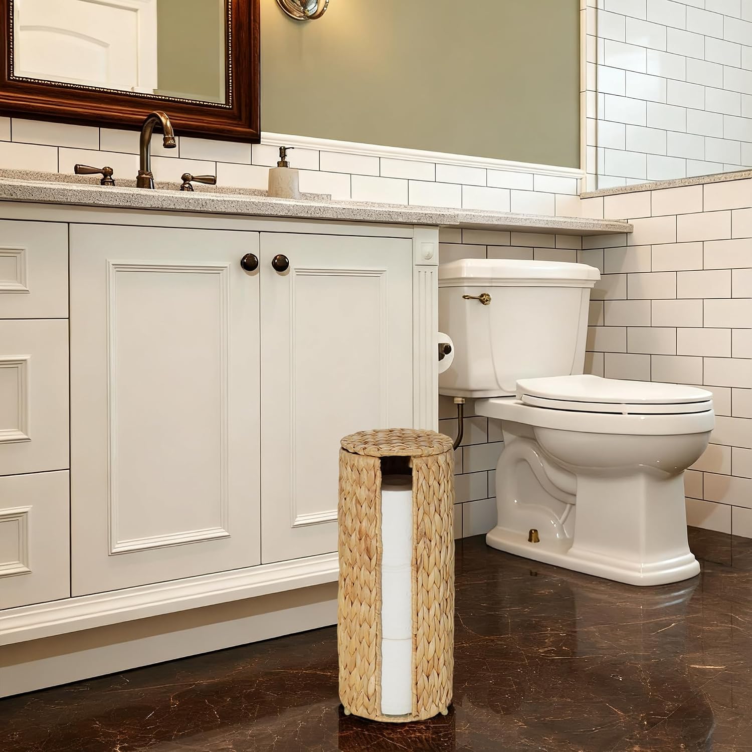 PINXIURY Water Hyacinth Paper Roll Holder, Wicker Toilet Paper Holder Stand for Bathroom, 3 Rolls of Toilet Paper