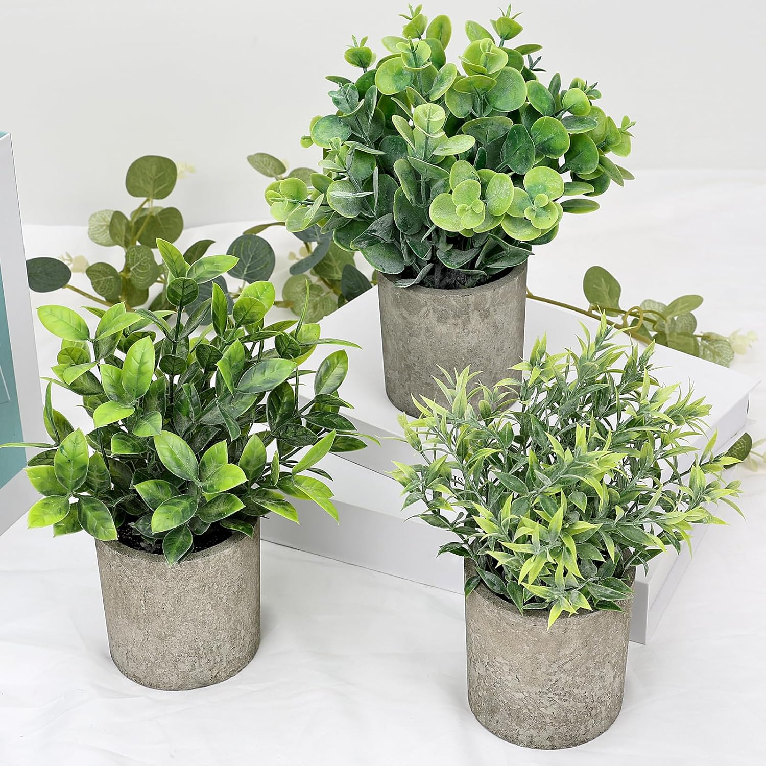 Mini Potted Fake Plants Artificial Small Eucalyptus Plants / Green / Mimi Potted Plants / Set of 3