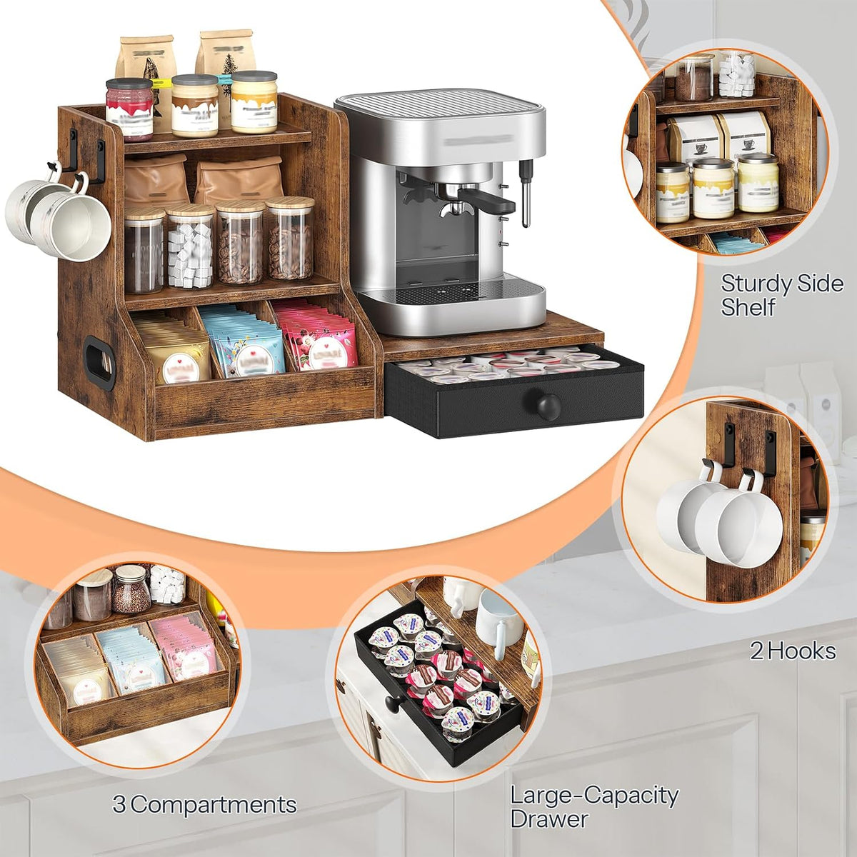 HOOBRO Coffee Mug Tree, Coffee Mug Cup Holder with Drawer, 25 Pod Capacity, Mug Display Stand with 2 Hooks, 3 Tier Mug