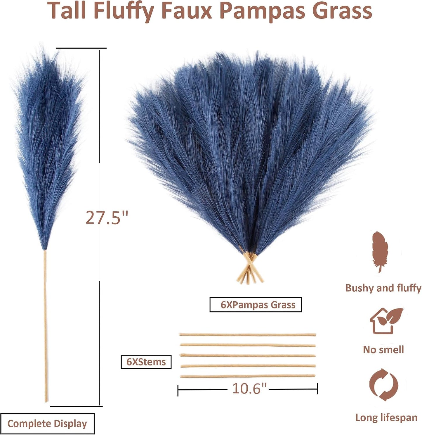 Artificial Fake Flower Boho Decor Bulrush Reed Grass / Navy Blue / 27.6 Inch / Set of 6