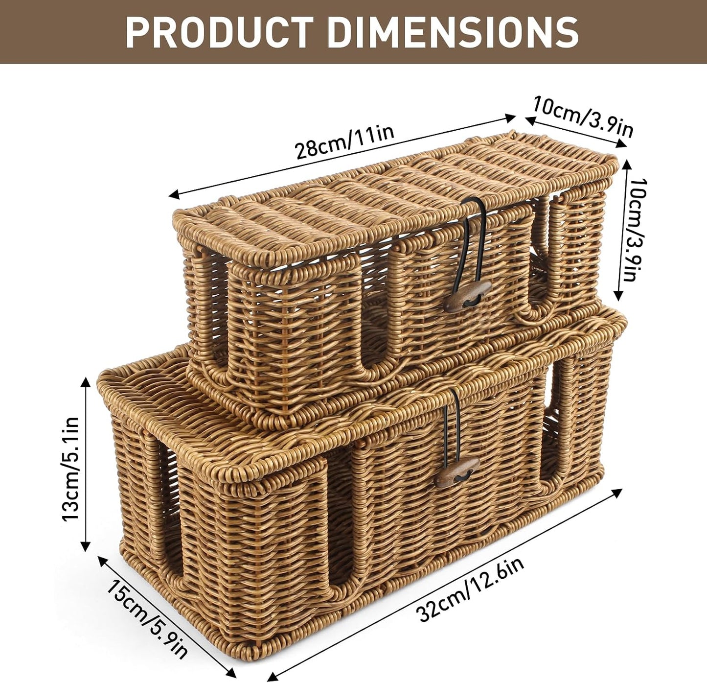 2 Pack Rattan Cable Management Box, Large Cord Organizer Box with Lid Under Desk Router Hider Storage Box with 4 Exits