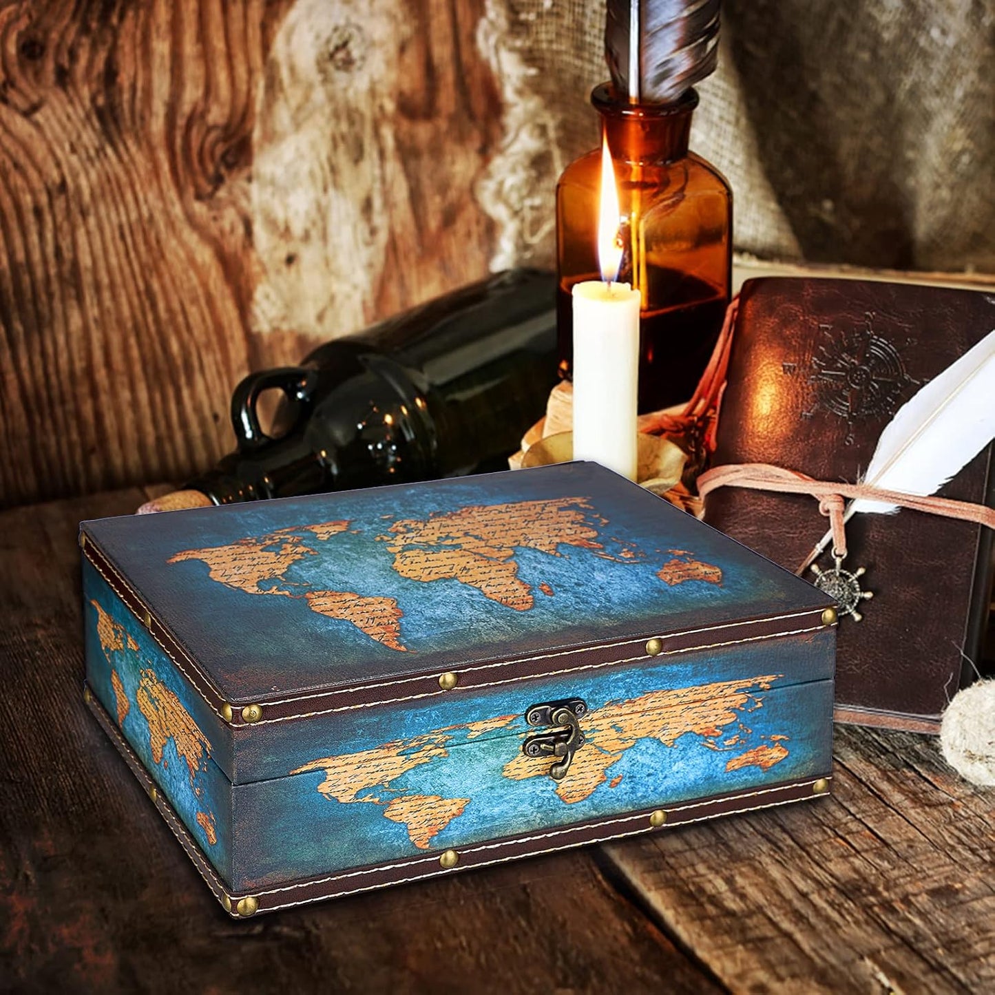 Wooden + PU Leather Storage Box for Jewelry Trinkets Photos / Green Map Pattern