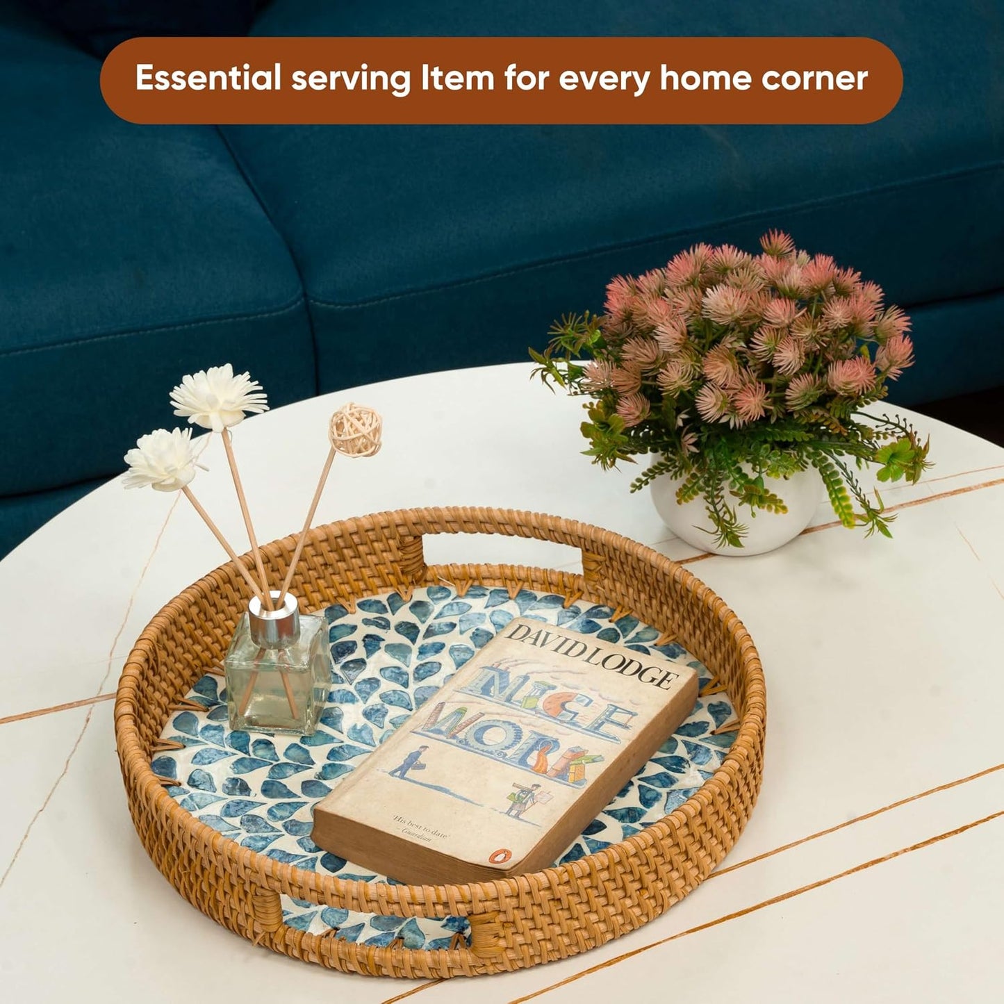 Round Rattan Tray / Blue Leaves