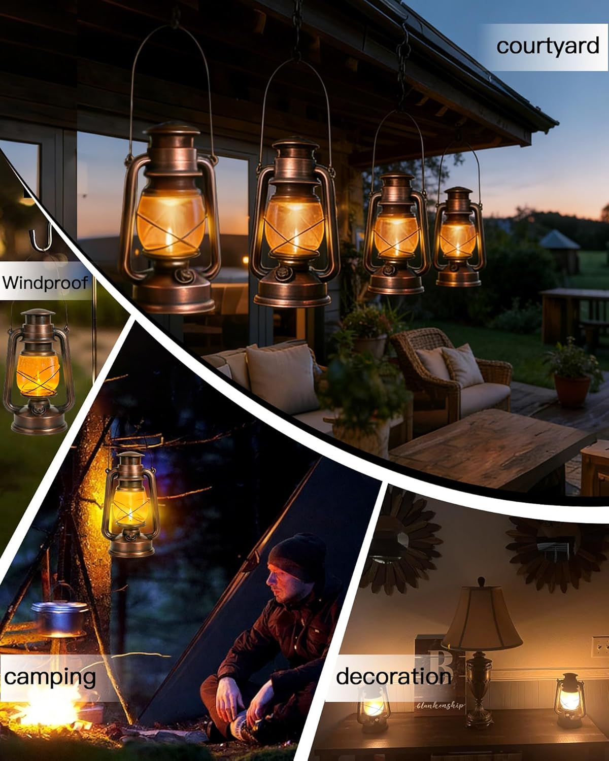 2 Pack Battery Operated Vintage Hanging Lanterns, IP65 Waterproof | 2 Modes (Steady & Flickering), Battery Included