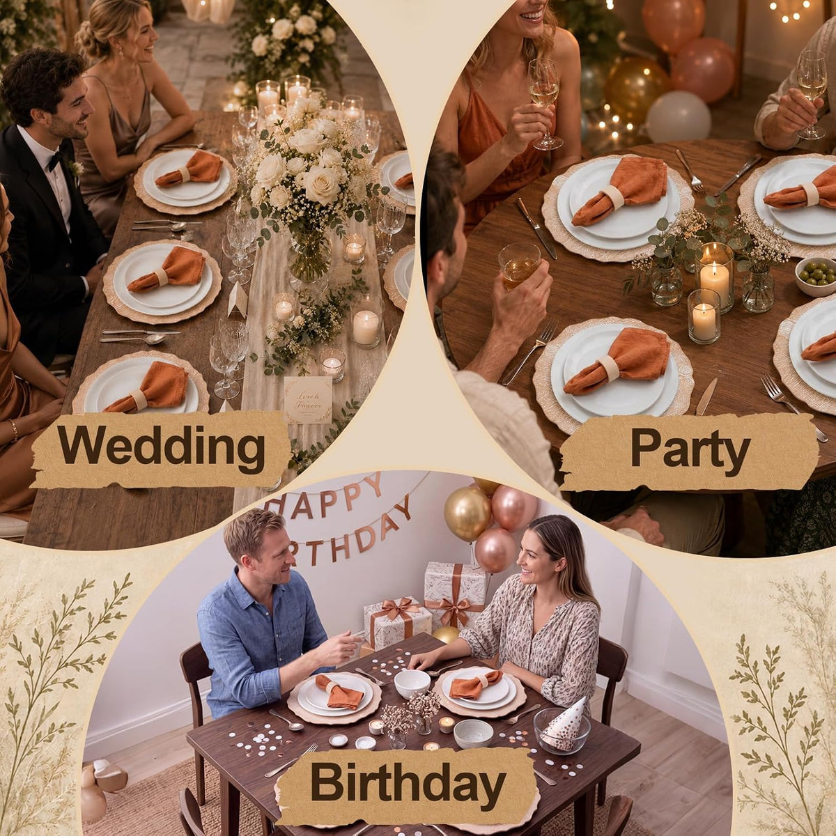 Havawish 12 Set 13" Rustic Wooden Textured Acrylic Charger Plates with Handmade Acacia Wood Napkin Ring, Farmhouse