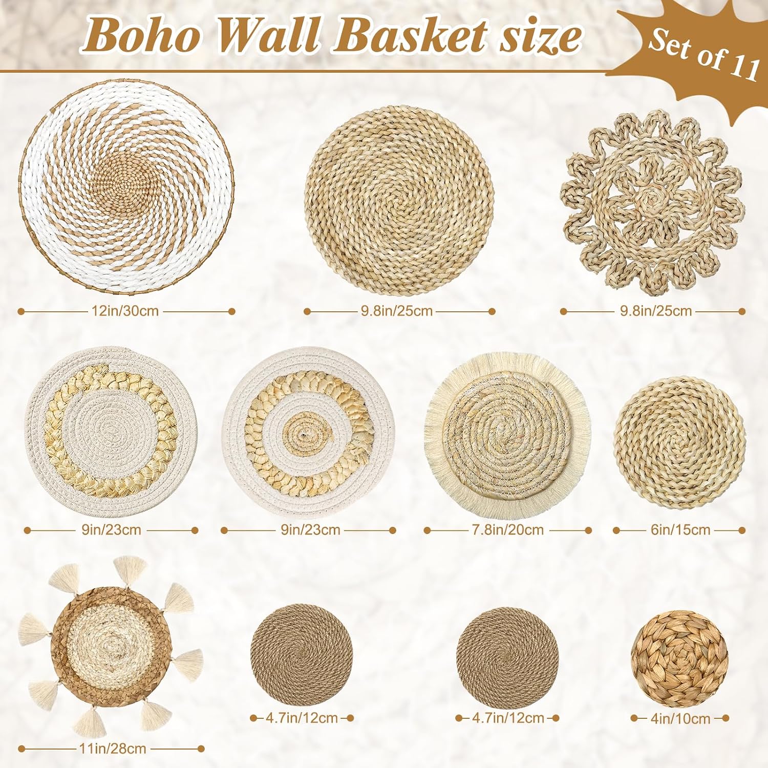 Boho Wall Basket Decor Wicker Woven Wall Basket Decorations Handcrafted Round / Bohemian / Set of 11