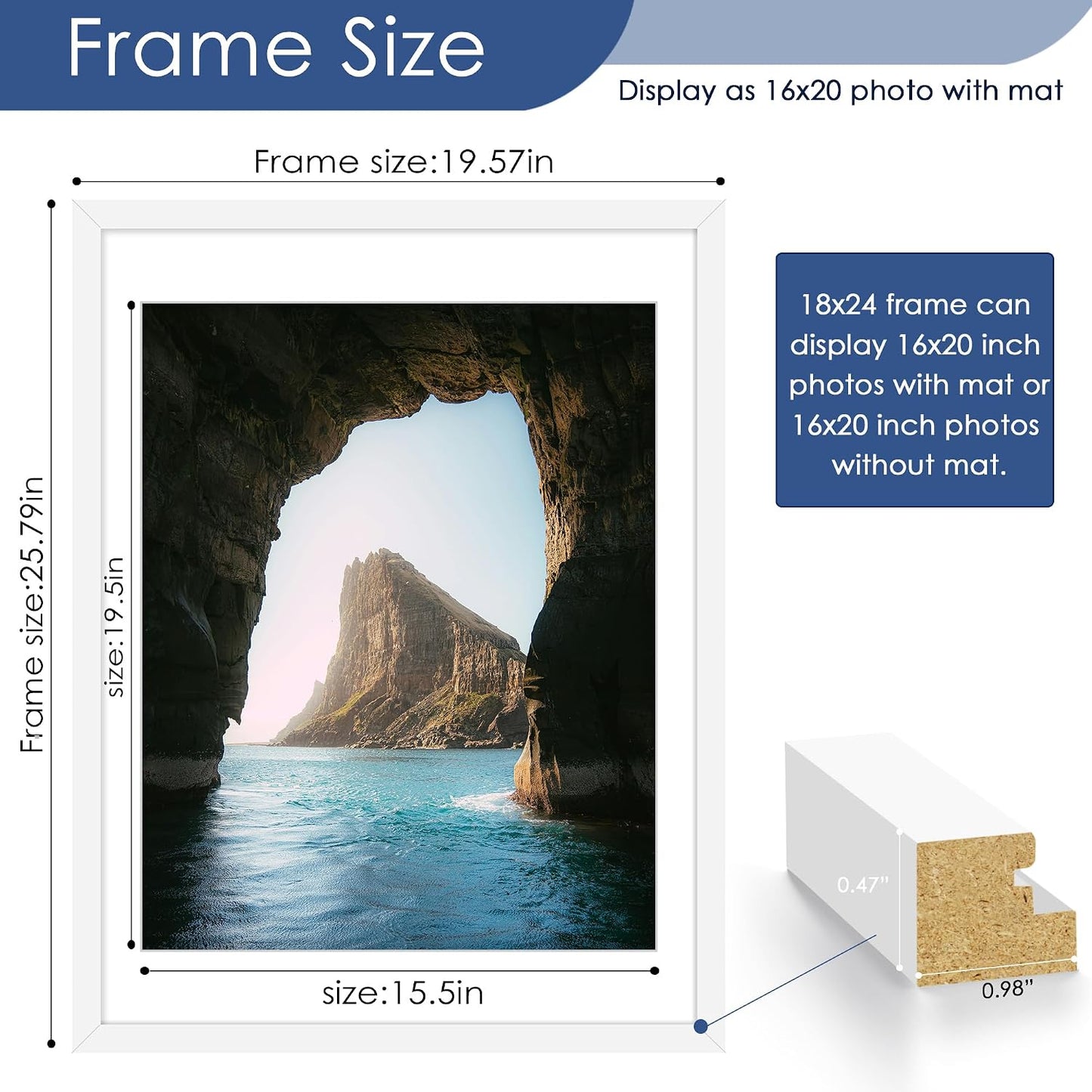 18x24 Poster Frame Set of 6, Wall Mount Display, White | Display Pictures 16x20 with Mat or 18x24 Without Mat
