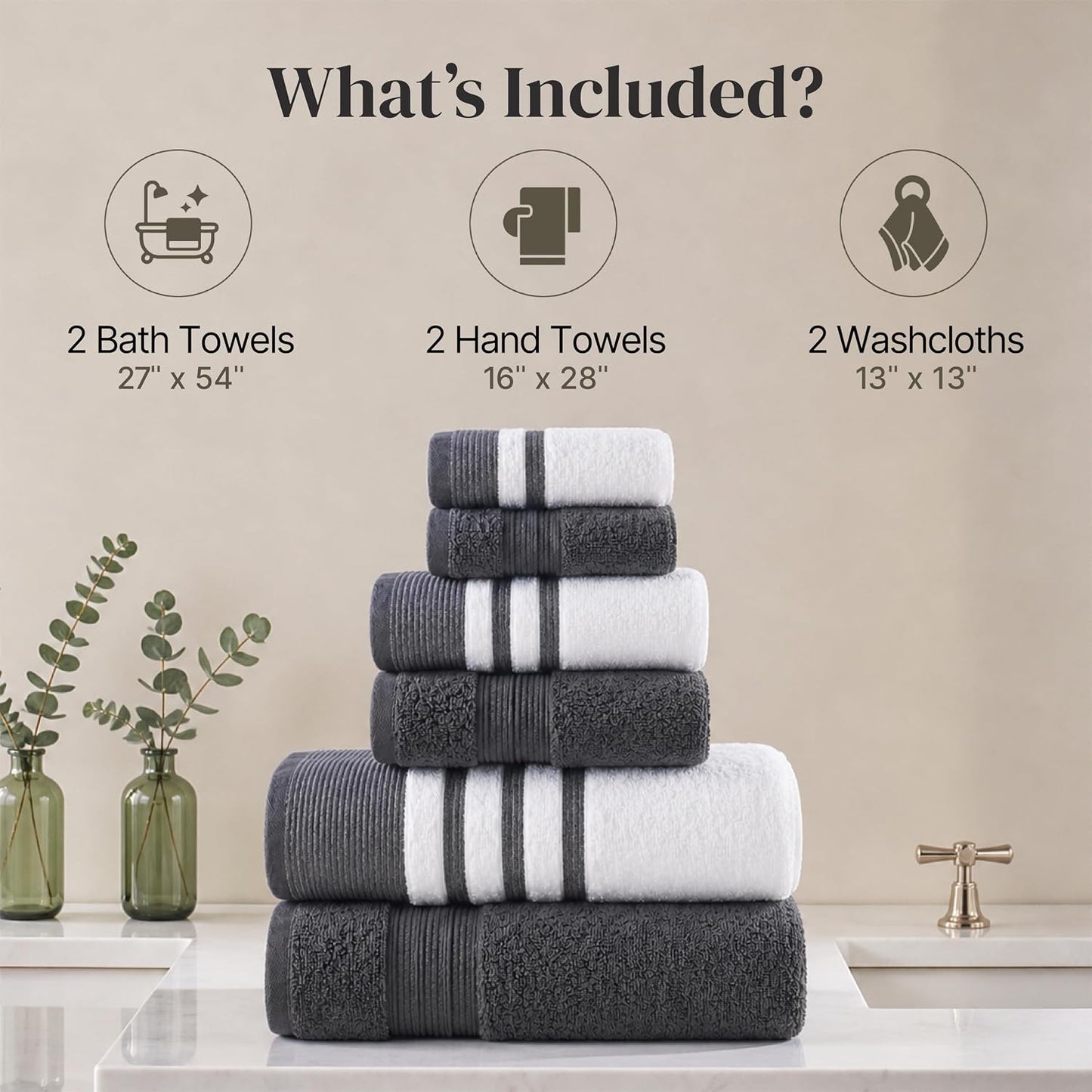 Modern Threads 6 Piece Bath Towel Set – Bathroom Towel Set with 2 Bath Towels, 2 Hand Towels & 2 Washcloths – 100%