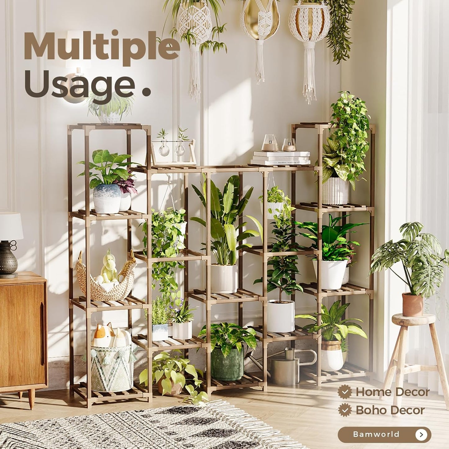 Bamworld Large Hanging Plant Stand Indoor Tall Plant Shelf Outdoor 14 Pots | Large Plant Rack for Living Room Patio