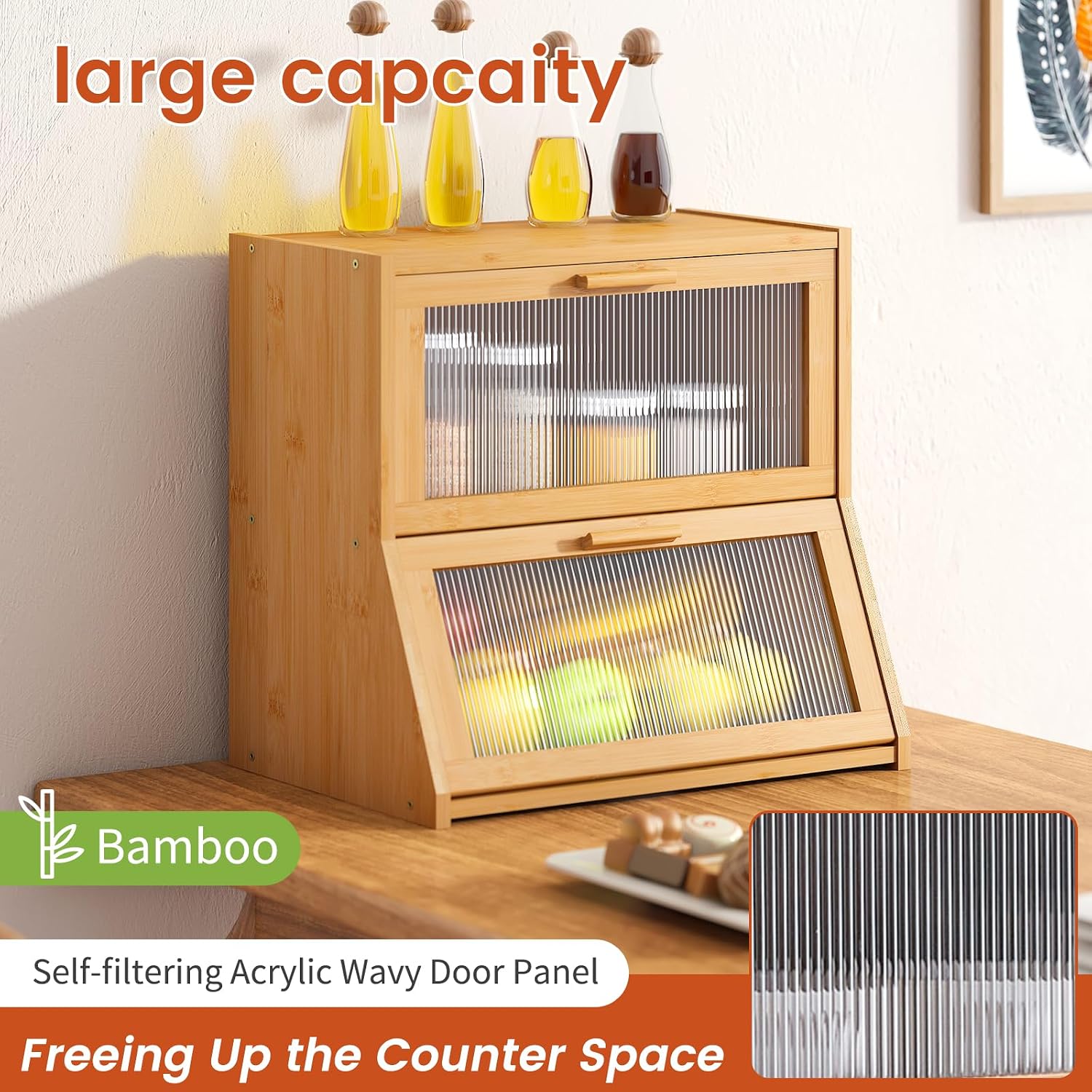 GHWIE Double Layer Bamboo Bread Box for Kitchen Counter,Large Capacity Bread Storage Bin,Bread Container with Acrylic