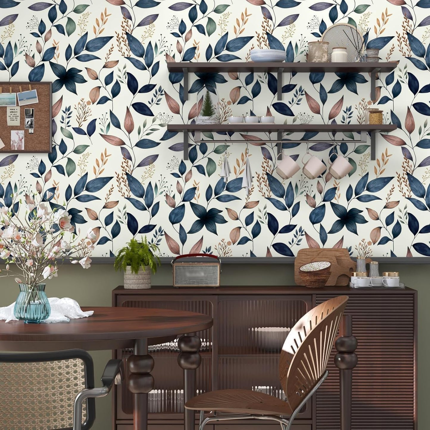 Vintage Leaves Peel and Stick Wallpaper Waterproof Contact Paper / 17.4 x 197 / Navy