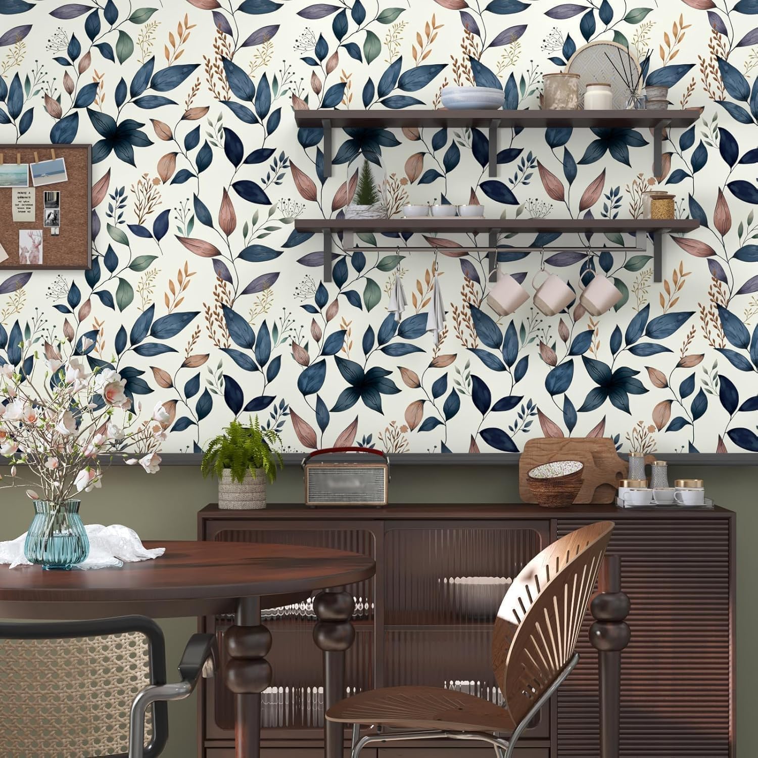 Vintage Leaves Peel and Stick Wallpaper Waterproof Contact Paper / 17.4 x 197 / Navy