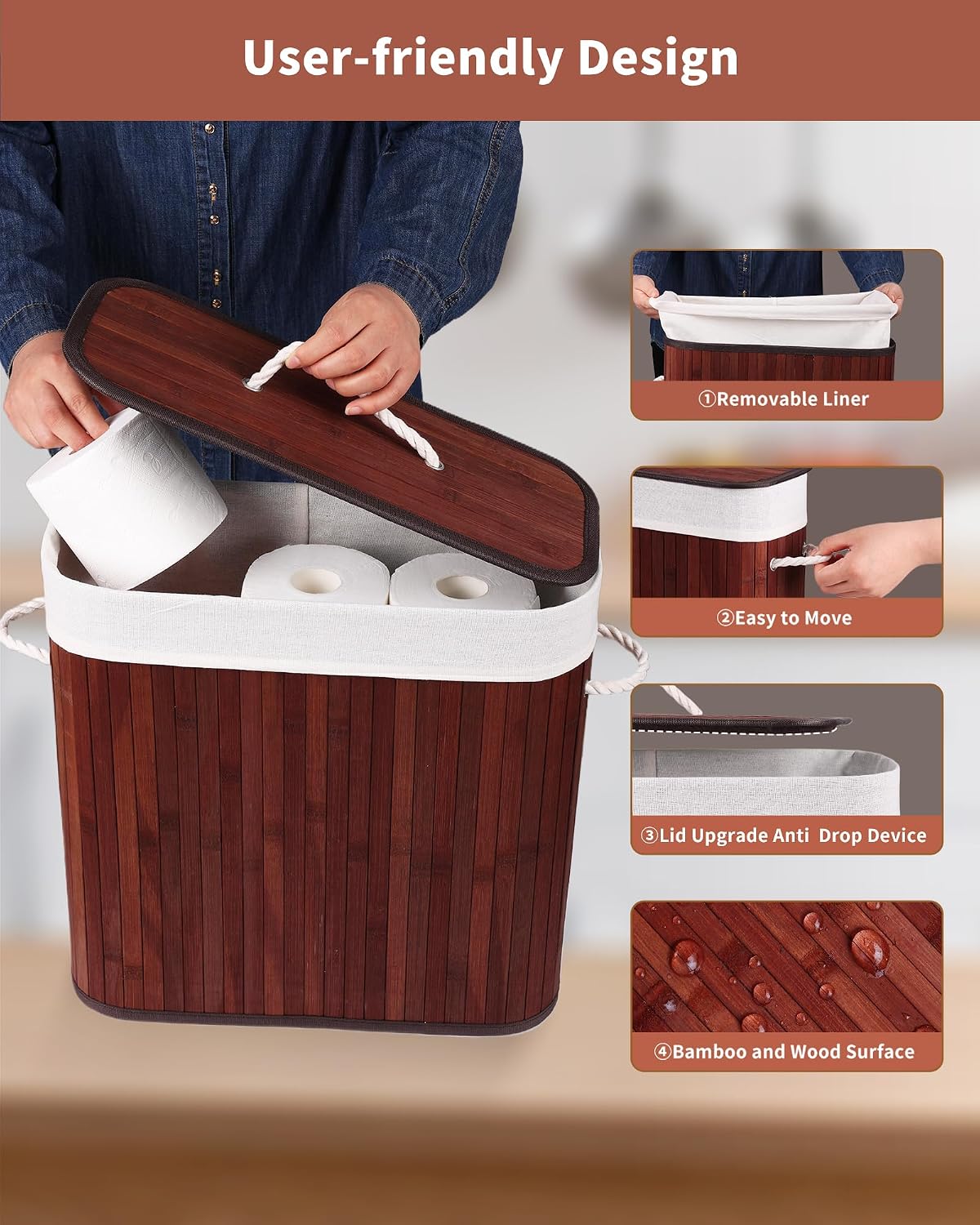 Bamboo Toilet Paper Storage with Lid & Handel, 8 Gallons (30L), Sturdy Toilet Paper Basket, Organizer for Bathroom