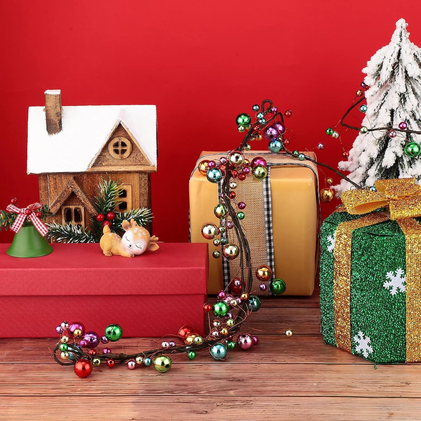 WILLBOND 9 ft Multicolor Christmas Ball Garland, Hanging Bauble Ornaments | For tree trimming, Lightweight plastic