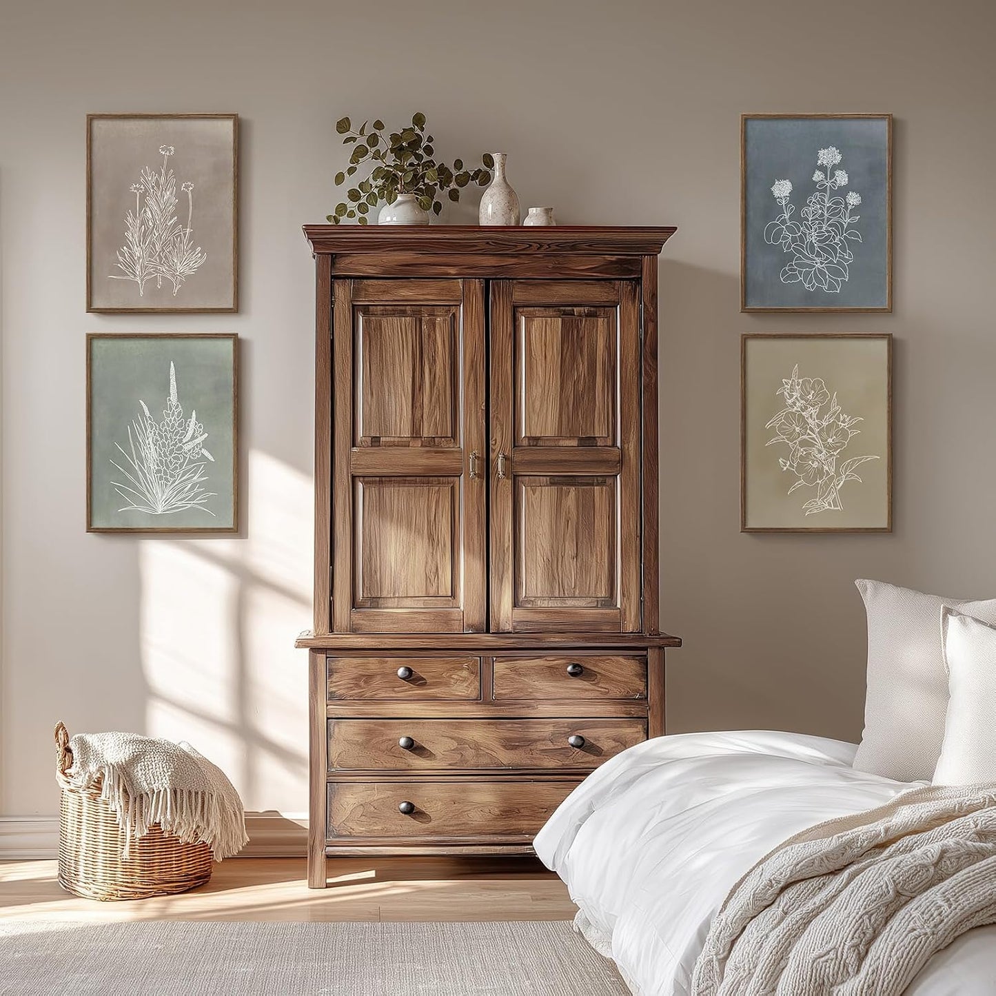 Framed Boho Botanical Wall Art / 12" W x 16" H x / Simple - Walnut Framed / Set of 4