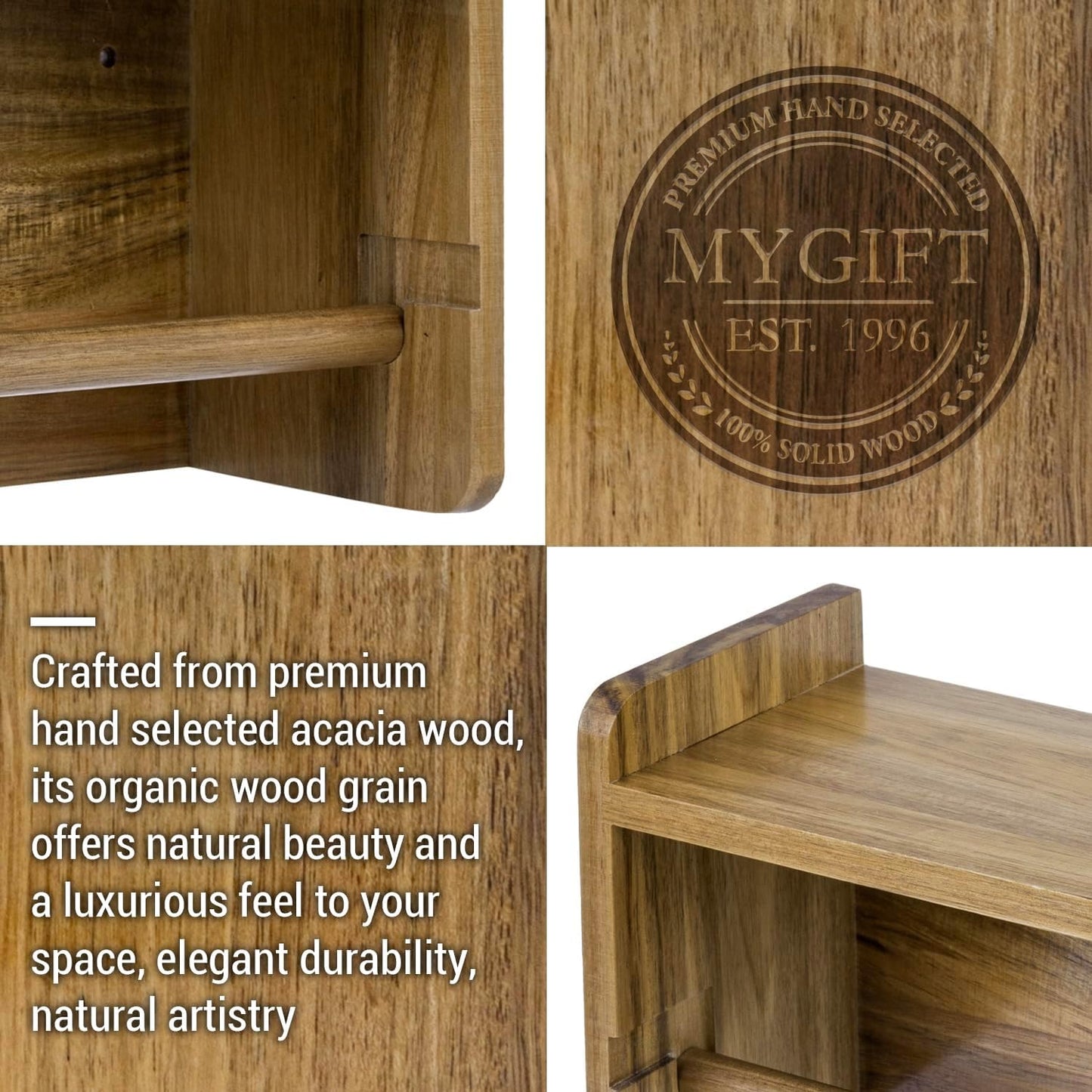 MyGift Acacia Wood Paper Towel Holder with Shelf, Wall Mounted Rack | Top shelf stores spices, oils, and kitchen