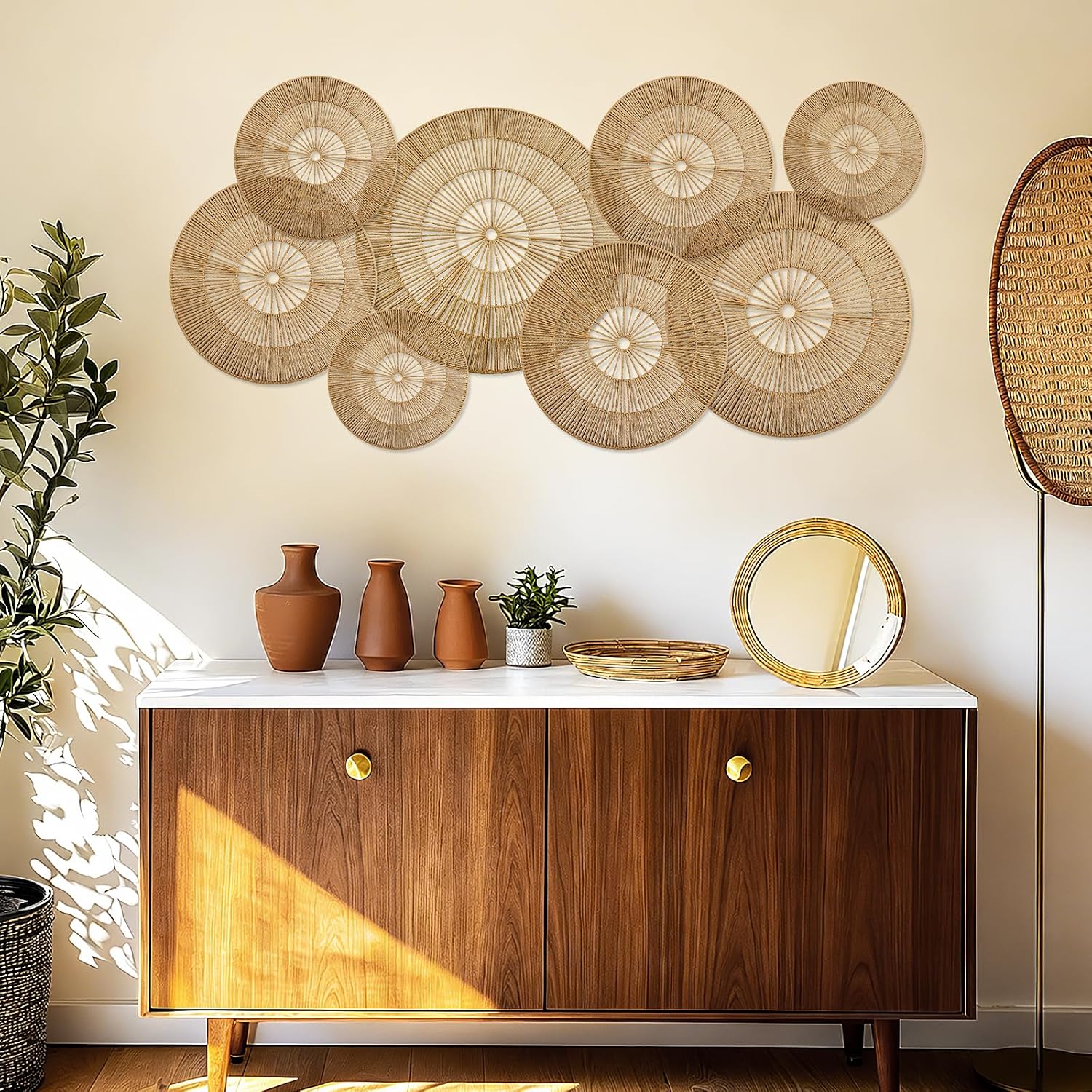 Boho Wall Decoration Jute Wall Decor Baskets Round Hand Woven Wicker Rattan Wall Art / Set of 8