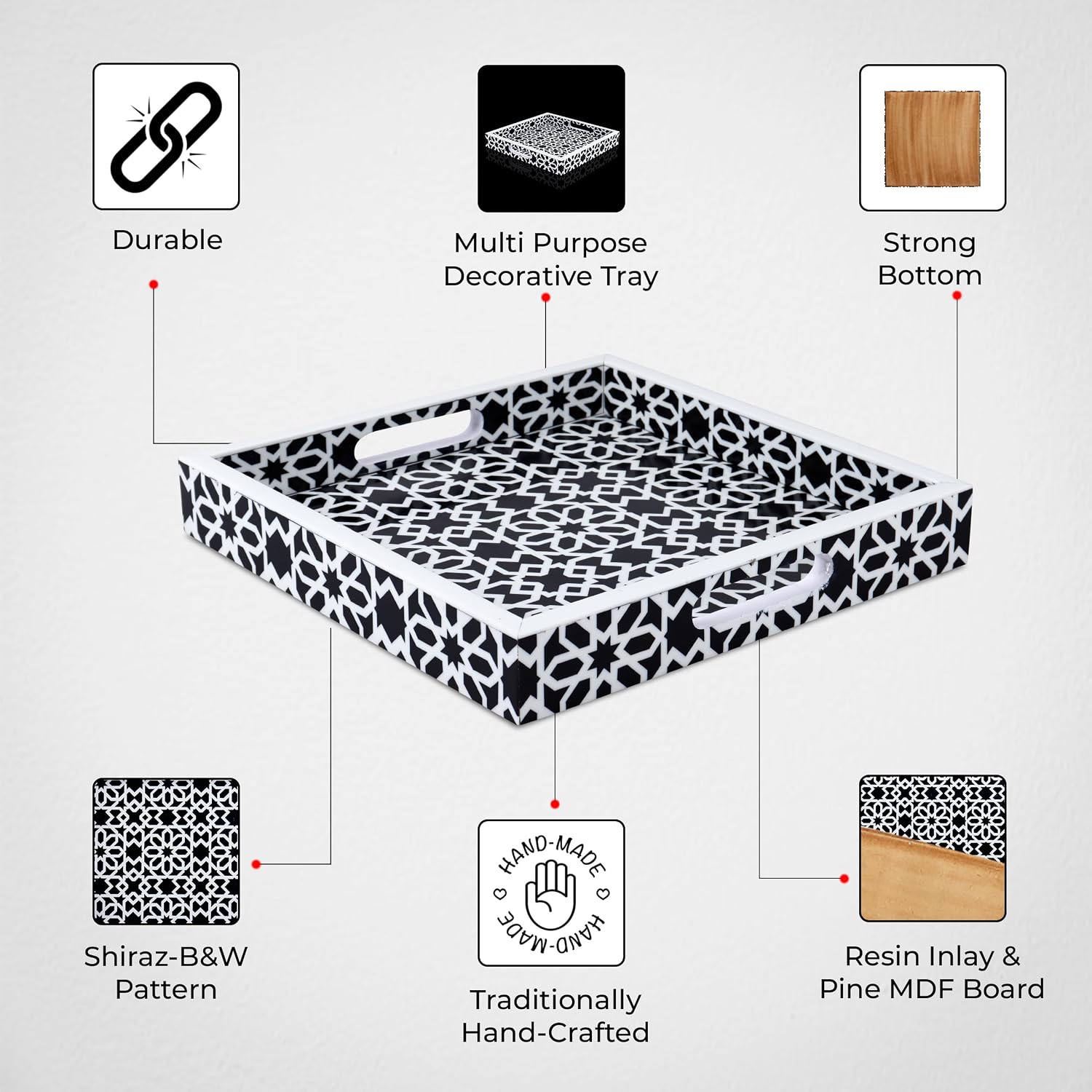 Ottoman Tray / Shiraz Pattern Square Serving Tray for Centerpiece / 12 x 12 x 2 / Shiraz Petit