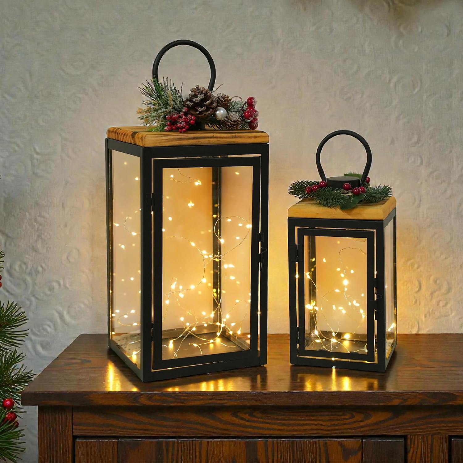 TRIROCKS Set of 2 Decorative Candle Lantern 16'' & 11'' High Metal Candle Holder Hanging Lantern Perfect for Home Decor
