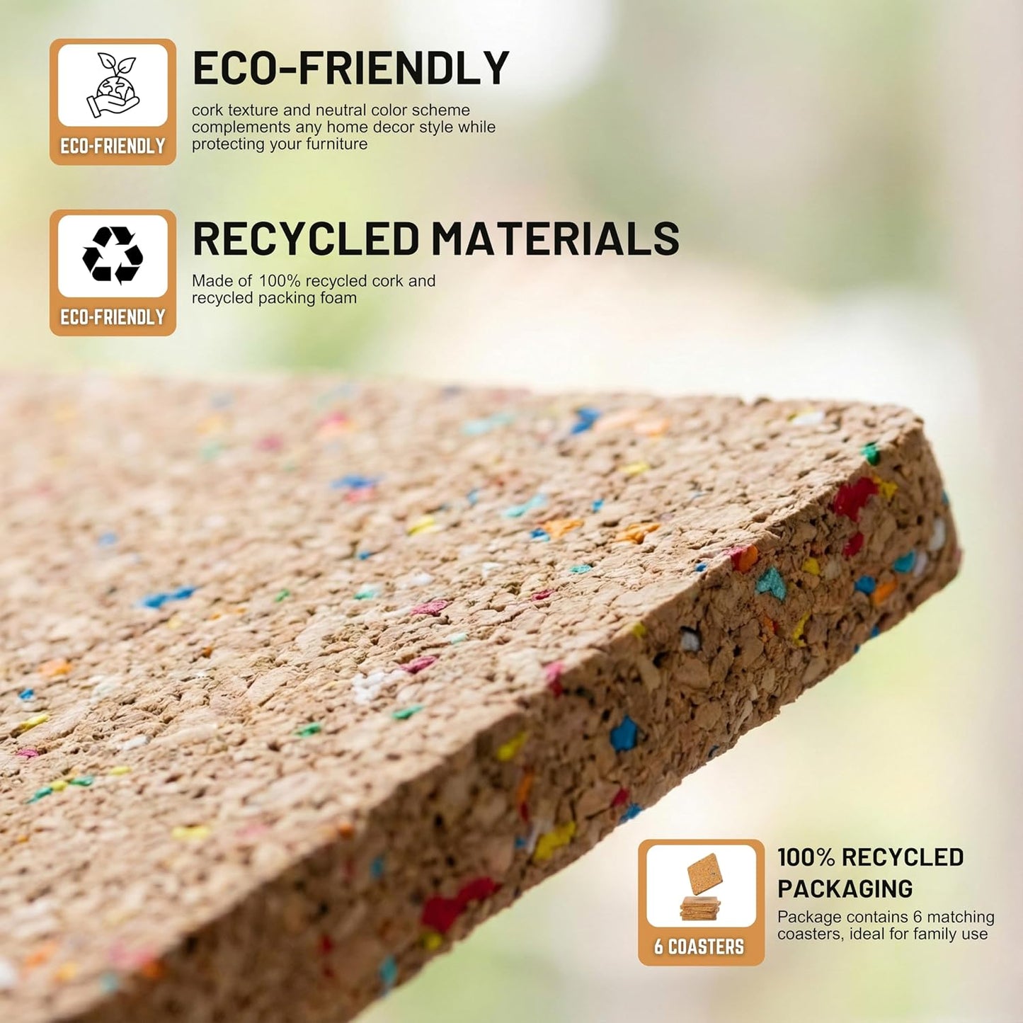 Bleeker & Rowe Recycled Cork Coasters / 4 x 4 / Set of 6