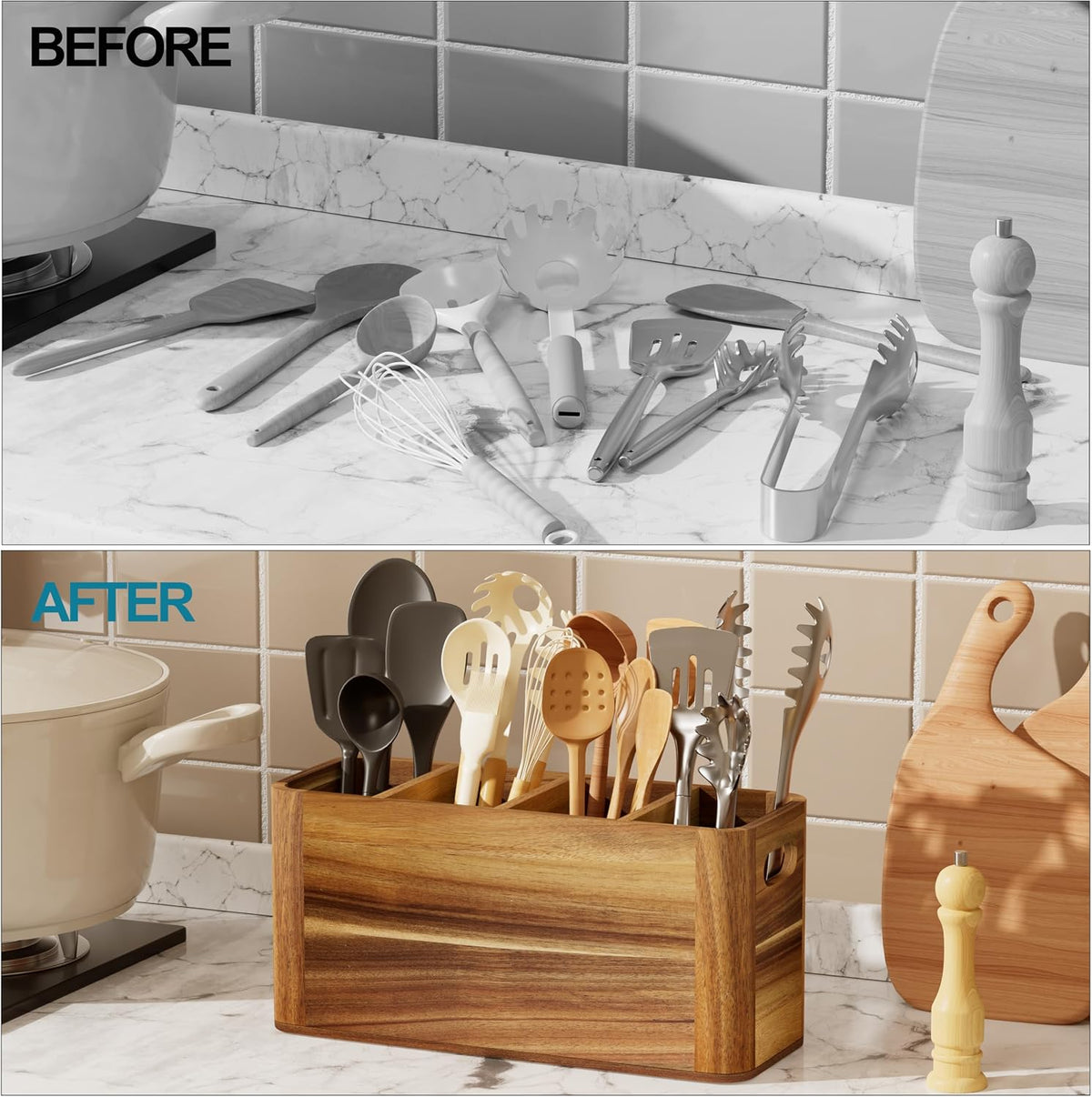Utensil Holder for Kitchen Counter, Extra Large Utensil Holder for Countertop with 4 Compartments Wooden Cooking
