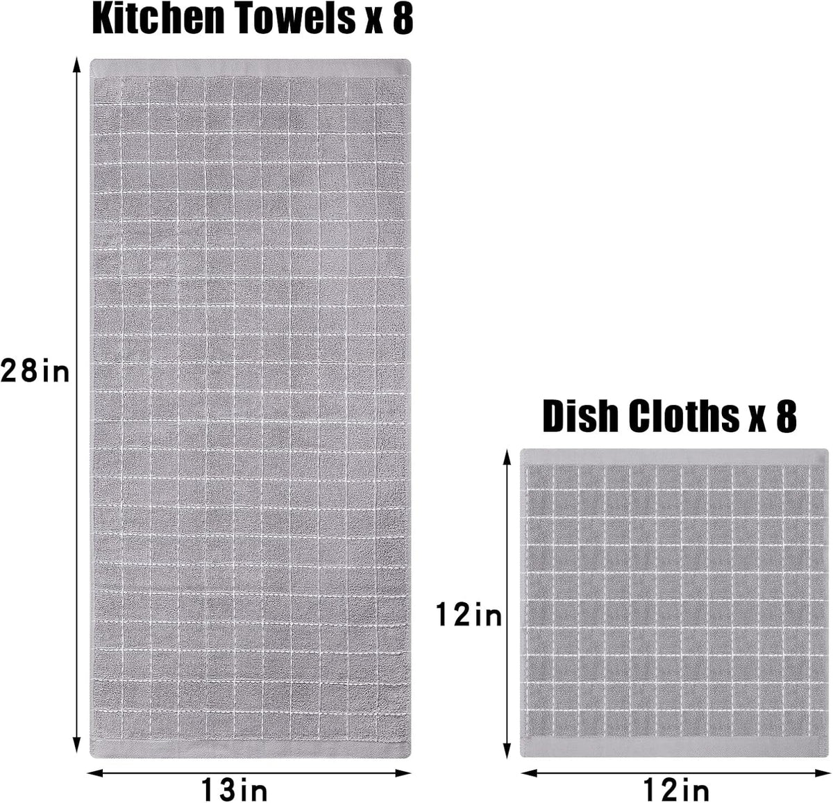 Homaxy Kitchen Towels and Dishcloths Set, Set of 16, Light Grey | Bulk Cotton Terry Kitchen Towels, Checkered Designed