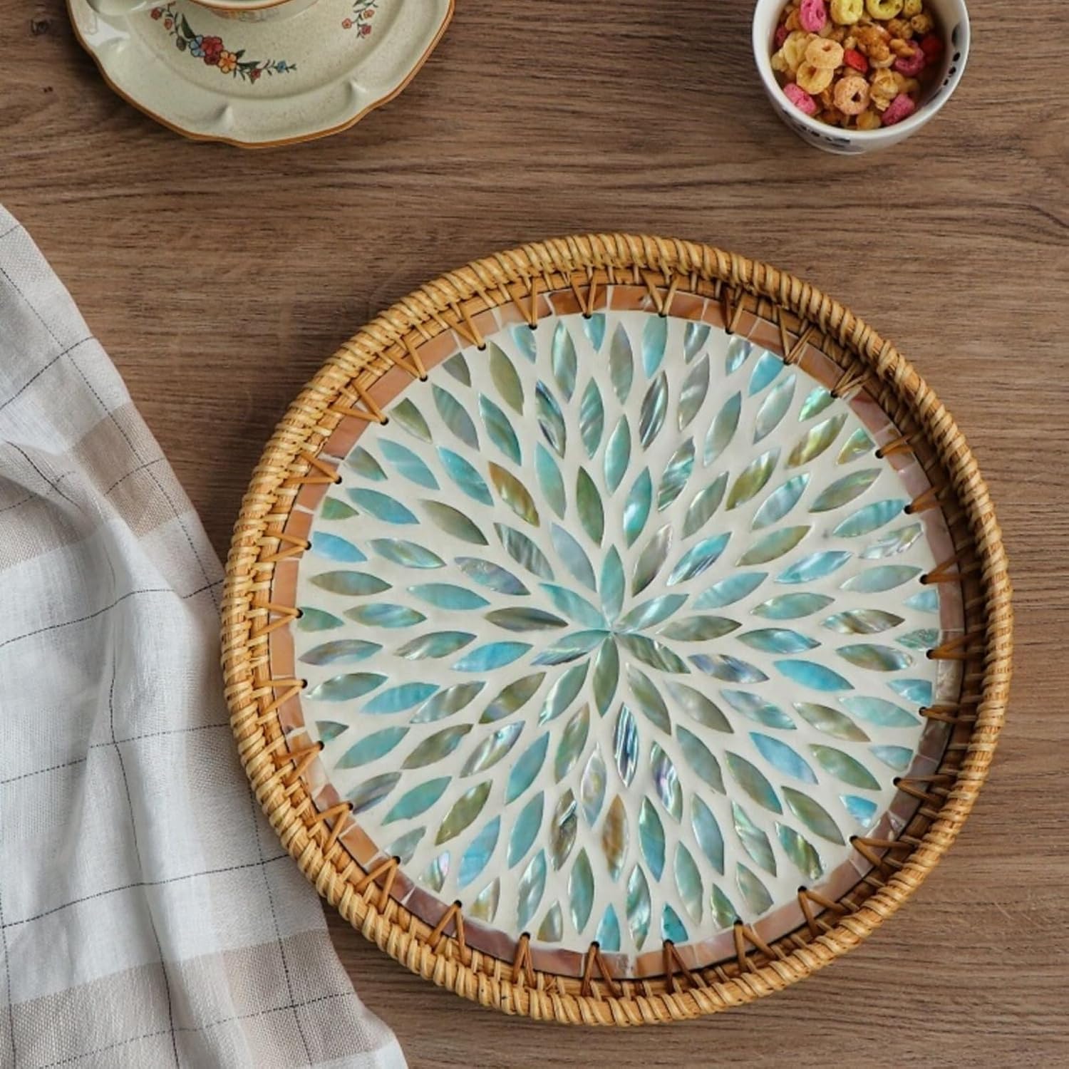 14" Large Rattan Serving Tray / Galaxy Blue / Set of 14