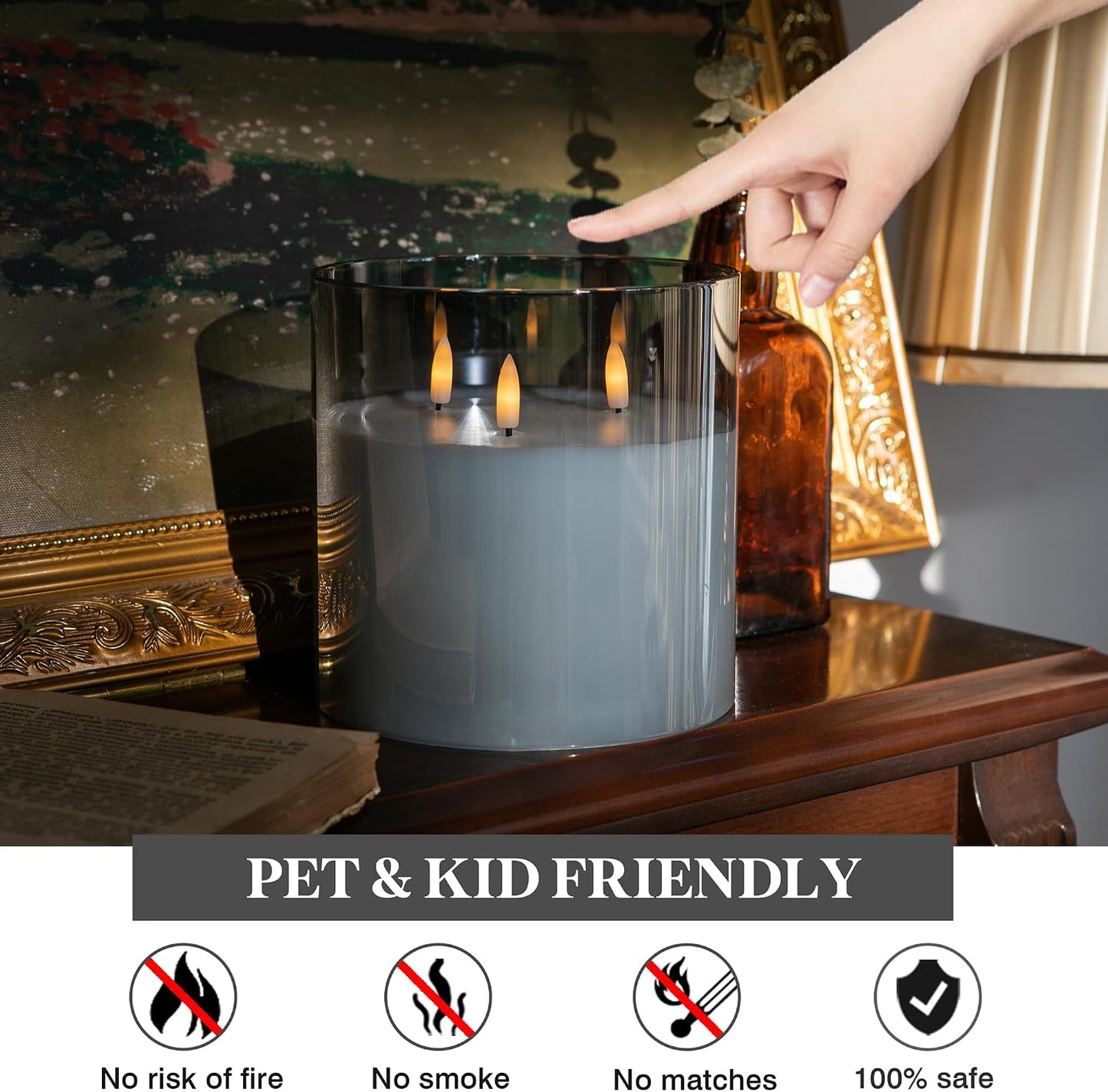 Extra Large Flameless Candles with 3 Wicks, 6"x6" Glass Battery Operated Candles with Remote, Real Wax Flickering LED