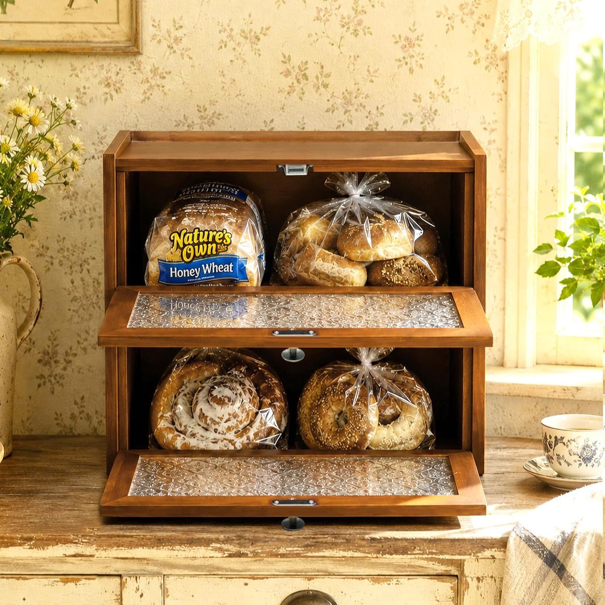 ETMI Vintage Bread Box for Kitchen Countertop - 2 Layer BreadBox Large Carbonized Bamboo Bread Storage Container