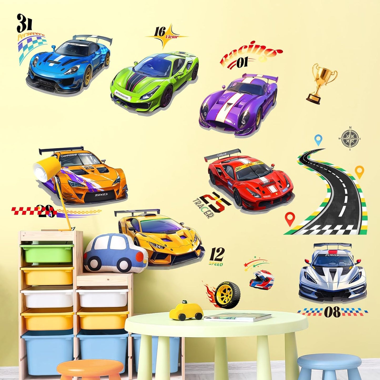Racing Car Wall Decals Roads Vehicles Wall Stickers Vinyl Peel and Stick Art Decor for Boys Bedroom