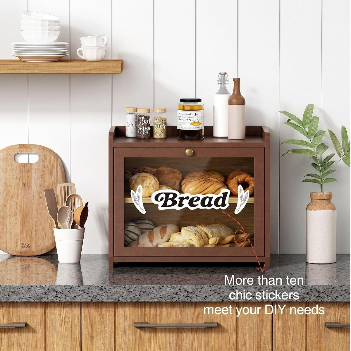 Goozii 2 Tier Bread Box for Kitchen Countertop, Double Layer Breadbox | Dark Brown Bamboo Wood | Storage Cabinet for