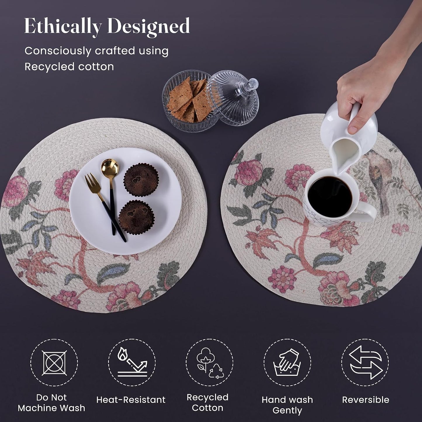 The Fine Living Braided Cotton Placemats, Round Table Mats, Set of 6,13.5" | Washable Anti-Slip Heat Resistant Braided