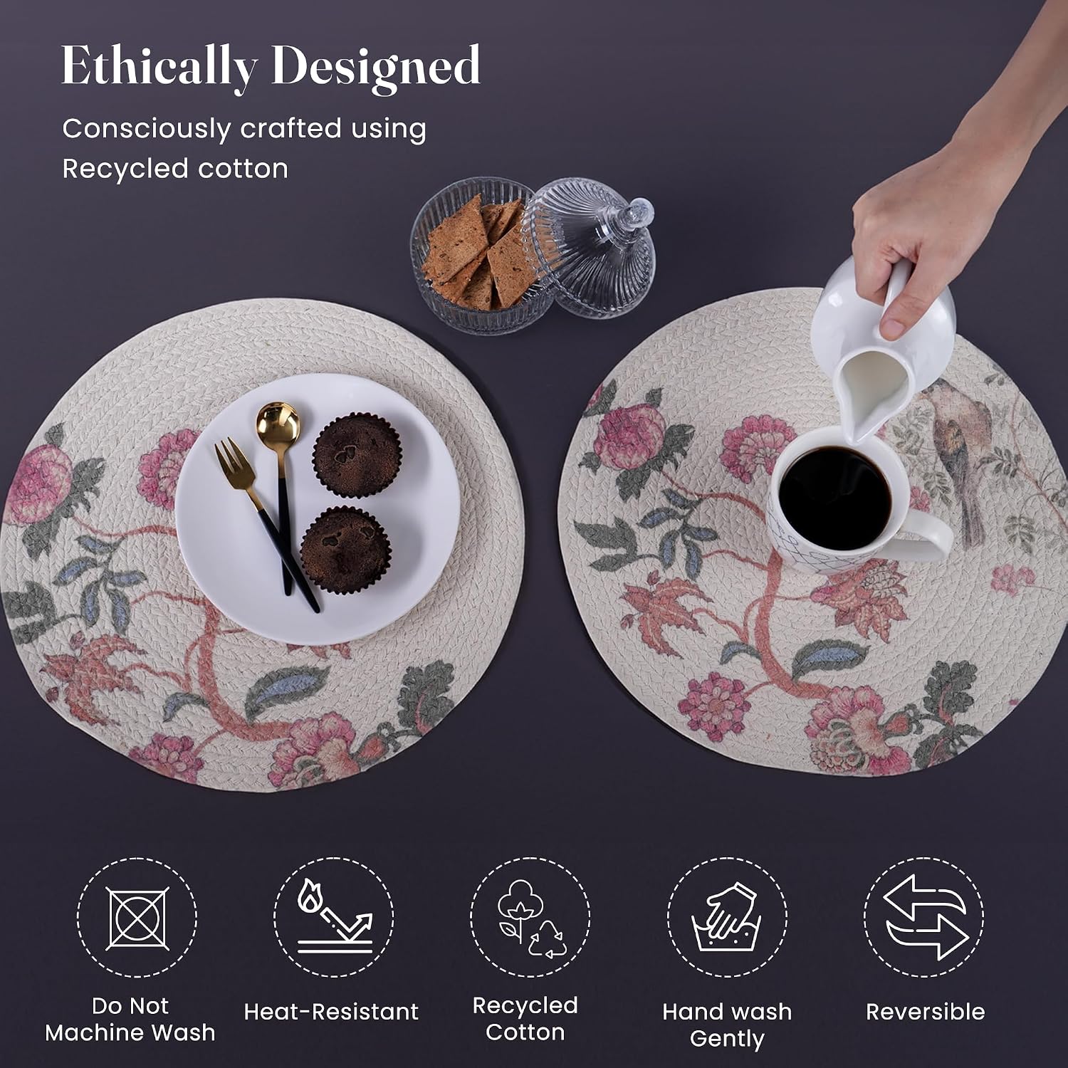 The Fine Living Braided Cotton Placemats, Round Table Mats, Set of 6,13.5" | Washable Anti-Slip Heat Resistant Braided