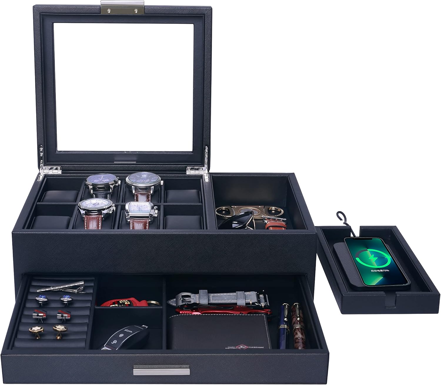 Mens Jewelry Box Organizer with Charging Station - Valet Tray with Drawer for Watch, Wallet, Sunglasses, Keys