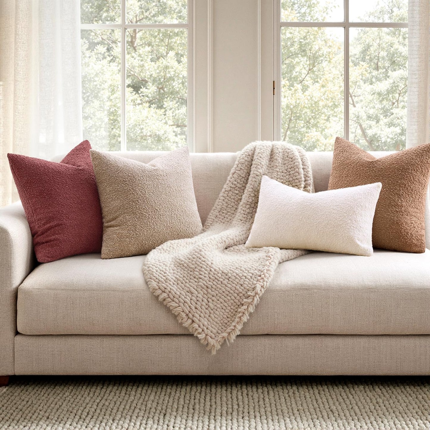 Decorative Boucle Throw Pillow Covers Textured Square Pillowcaes / 18 x 18 / Burgundy / Set of 2