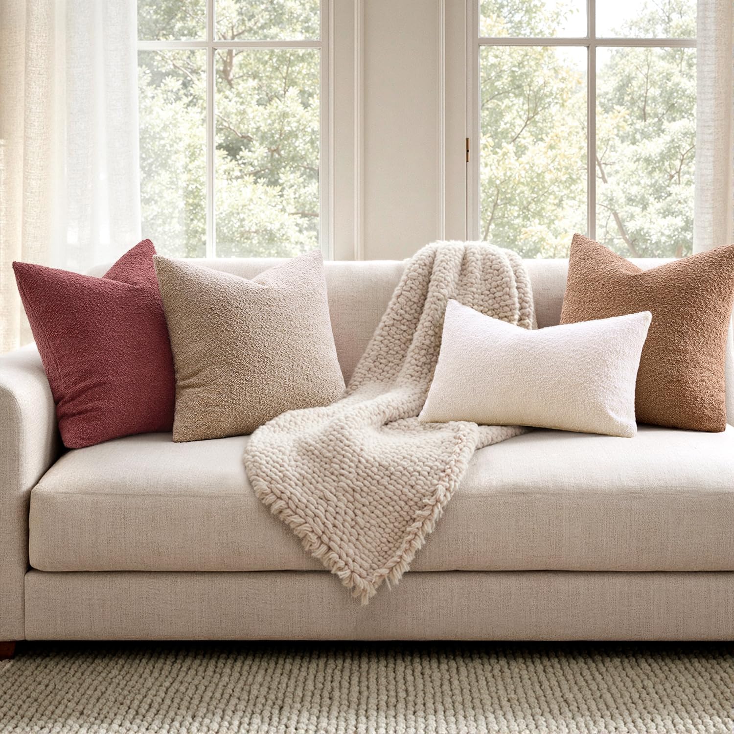 Decorative Boucle Throw Pillow Covers Textured Square Pillowcaes / 18 x 18 / Burgundy / Set of 2
