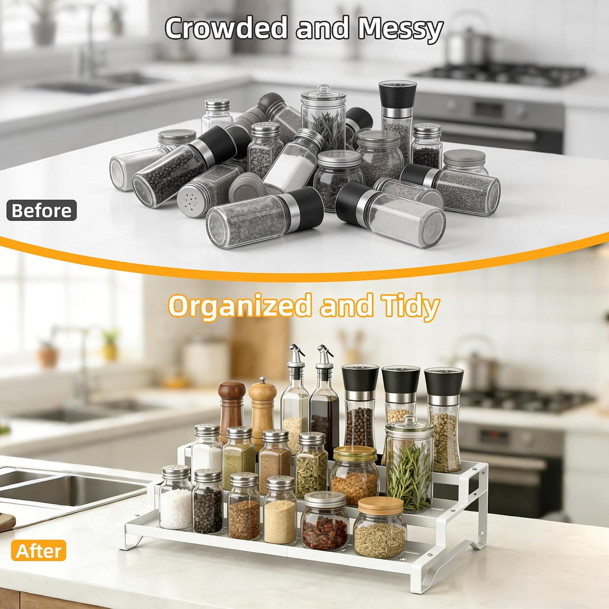 Spice Rack Organizer for Cabinet, 13-21.5" Expandable Spicy Shelf | 9.45" Depth 3-Tier White Metal Seasoning Organizer