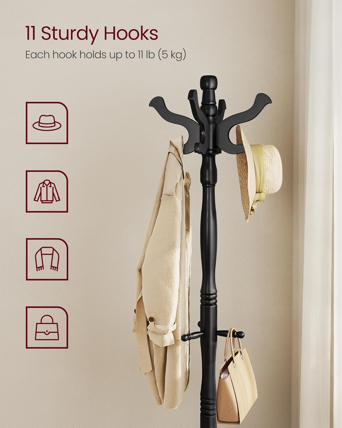 VASAGLE Freestanding Coat Rack, Rubber Wood Coat Tree with 11 Hooks | Hat Stand Garment Rack, 20.5 x 17.8 x 70.9 inch