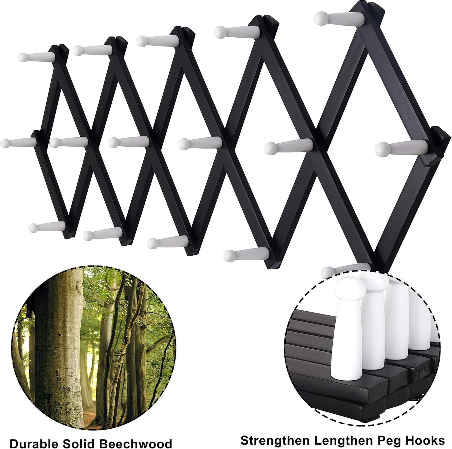 Accordian Wall Hanger: Wooden Coat Rack Wall Mounted, Hat Racks for Baseball Caps, Mug Rack, 16 Peg Hooks, Black & White