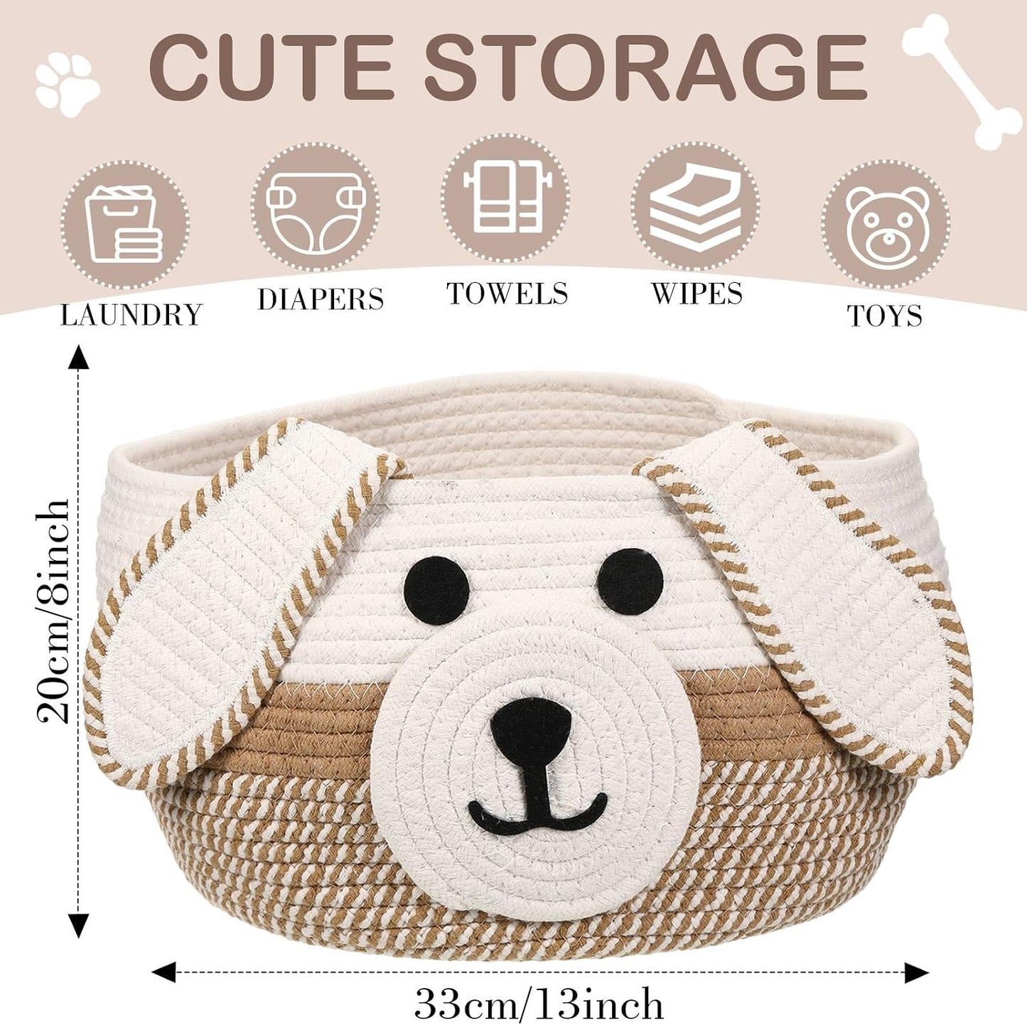 Dog Woven Basket Woven Cotton Rope Puppy Animal Storage Basket for Laundry / Khaki, White / 13 x 8