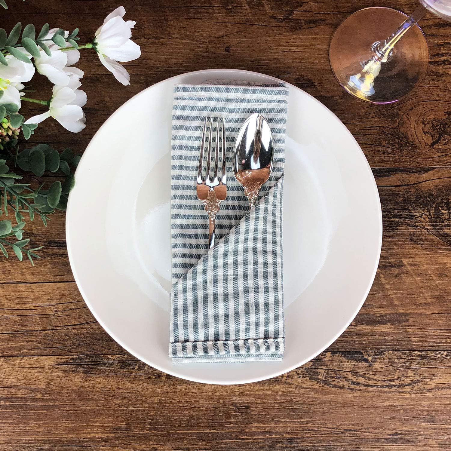 Plain Striped Cotton Linen Blended Dinner Cloth Napkins - Set of 12 (17 x 17 inches) - for Events & Home Use (Ocean)