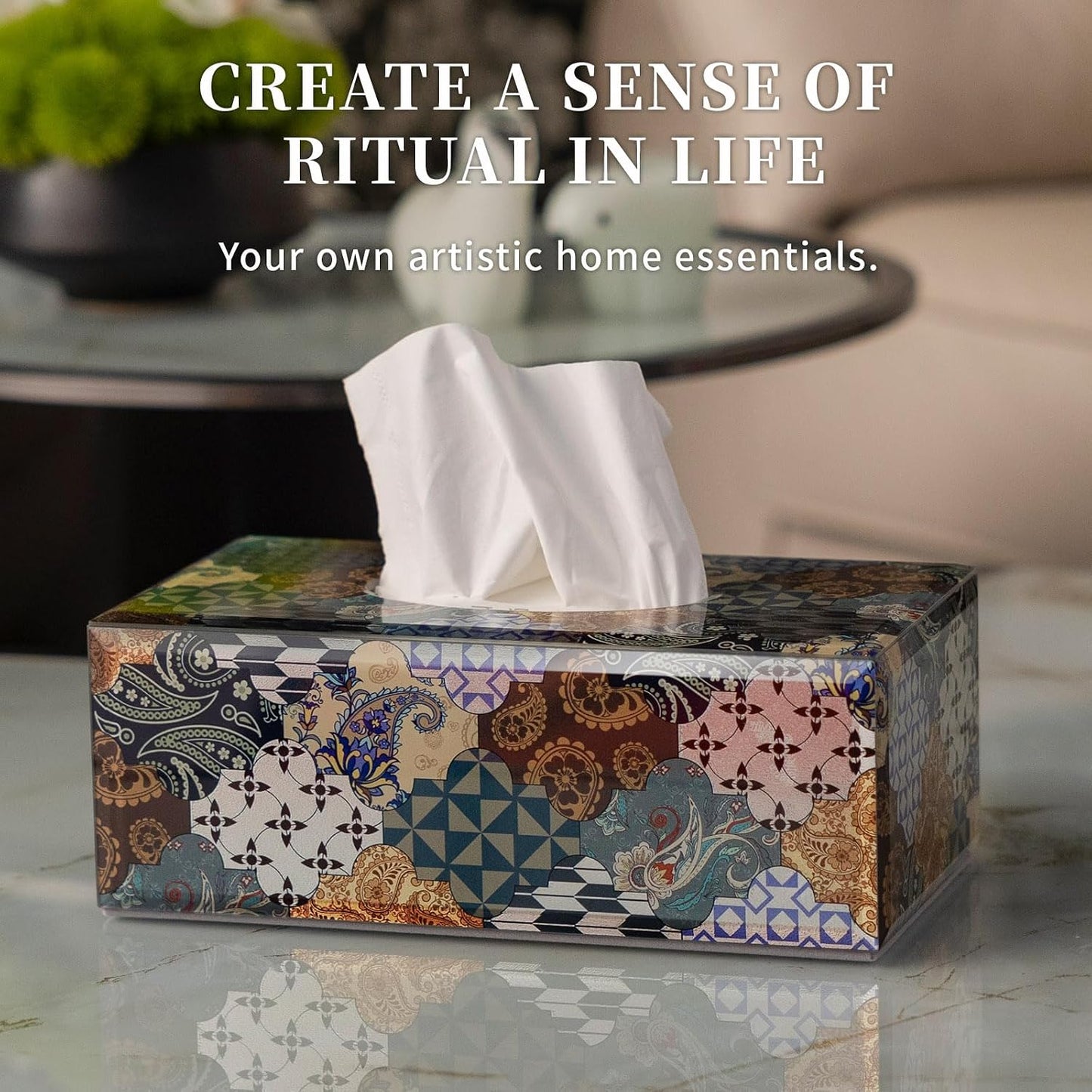Glass Tissue Box Cover -Patchwork Pattern Decorative Tissue Holder / Patchwork-blue / Rectangle