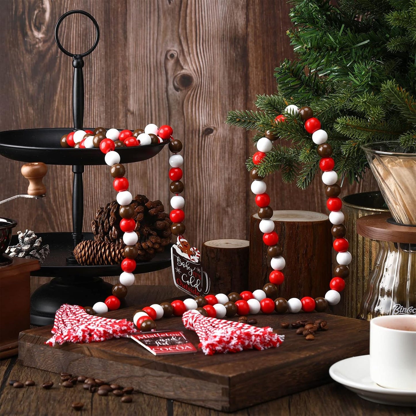Christmas Wood Bead Garland Christmas Hot Cocoa Tiered Tray Decor Farmhouse Wall Hanging / Set of 2