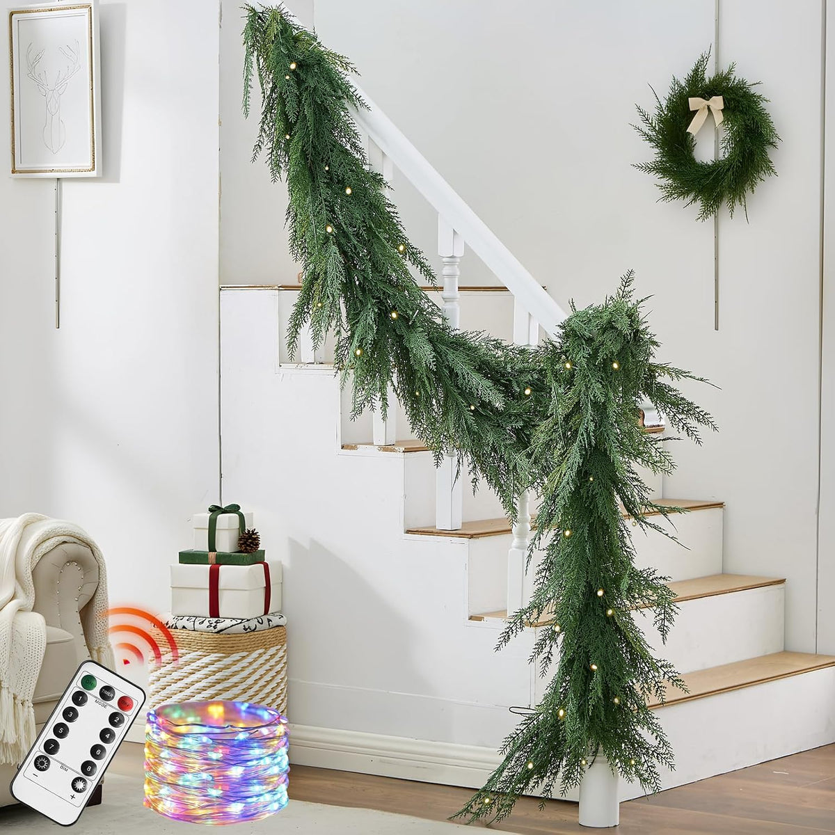 Christmas Cedar Garland Realistic with Lights - Cypress Decorations 9ft for Mantle Lighted Faux Pine Garlands for Xmas