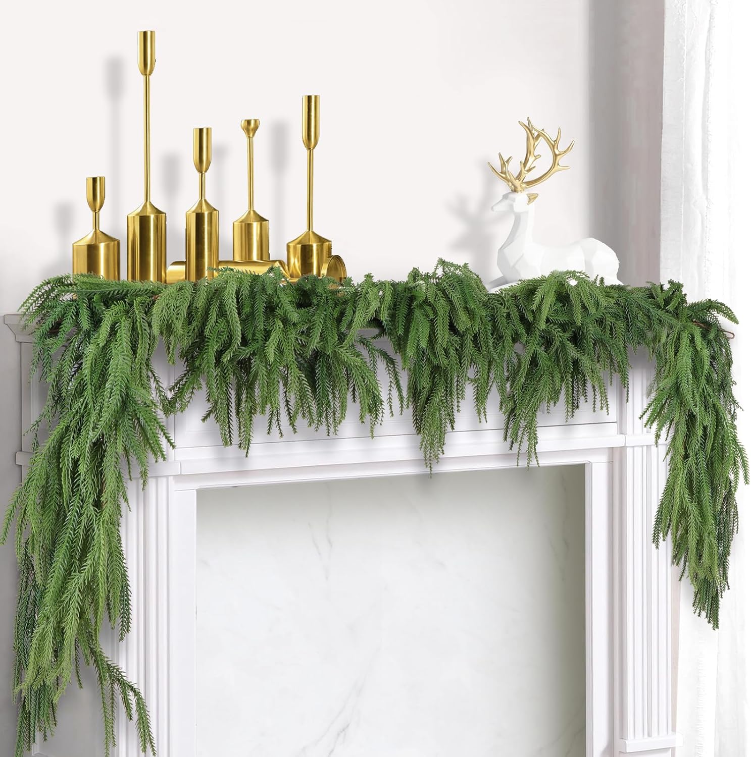 4 Pack Christmas Norfolk Pine Garlands 6FT, Real Touch Greenery | Full Evergreen Pine Garland for Mantle, Fireplace