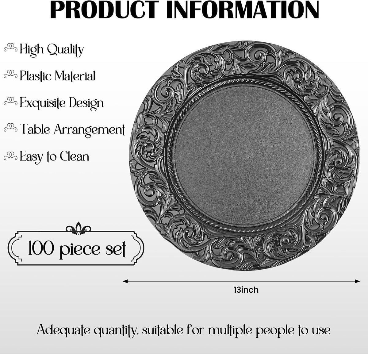 Black Charger Plates Bulk 100 Pack 13 Inch Charger Plates | Plastic Embossed Dinner Plates Reusable Round Plates for
