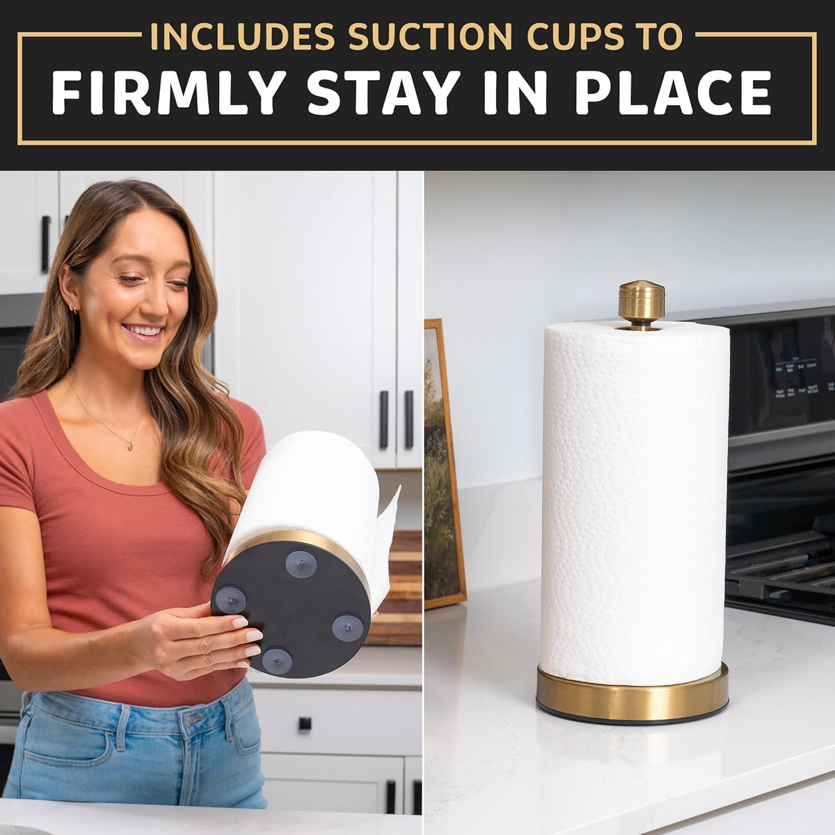 Heavy-Duty Stainless Steel Paper Towel Holder - Easy One-Handed Tear with Suction Cups - Modern Weighted Standing