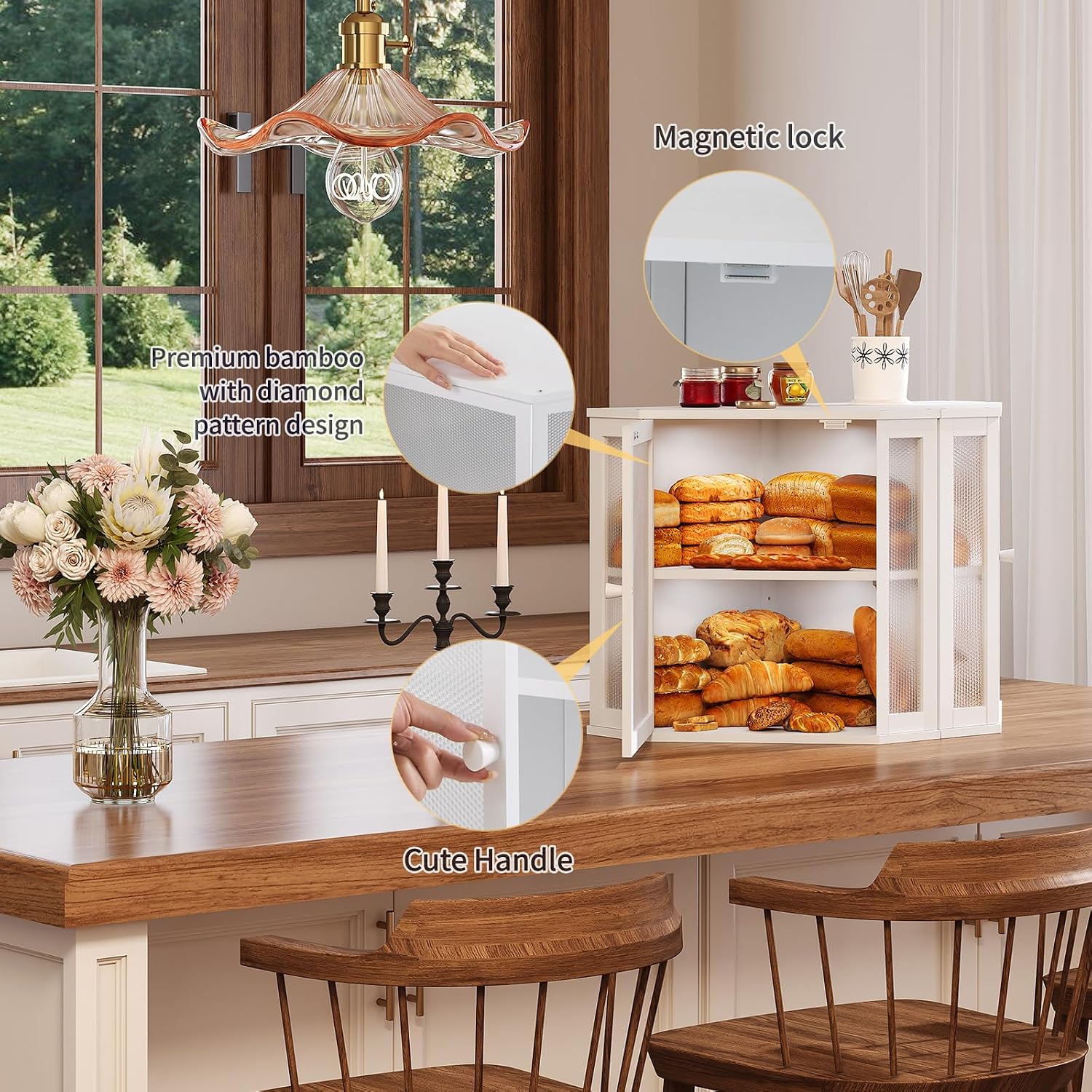 Corner Bread Box for Kitchen Countertop,Bread Storage for Homemade Bread, Double Layer Large Bamboo Kitchen Storage Bin
