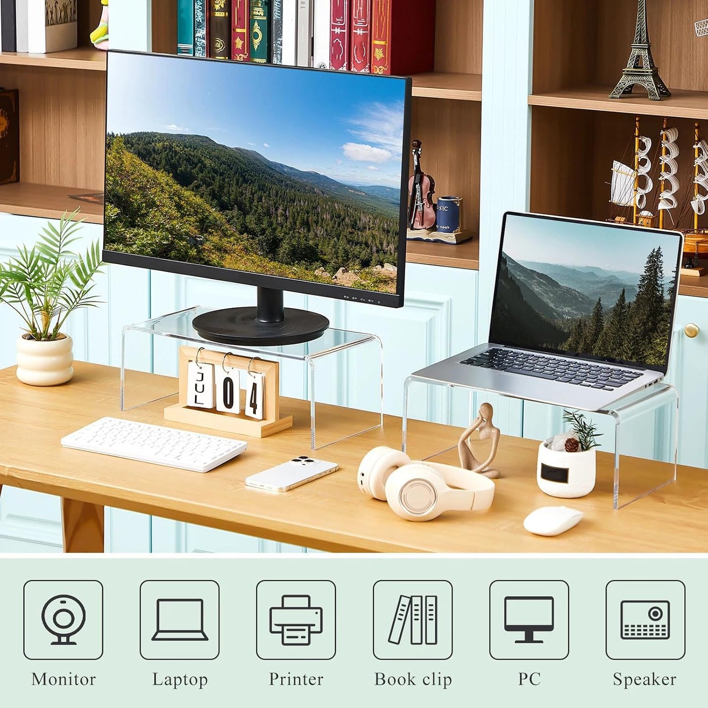 RattanView 2 Pcs 19 x 8 x 7 Inch Large Acrylic Riser Display Stands, 8 mm Extra Thick Heavy Duty Acrylic Shelf Riser